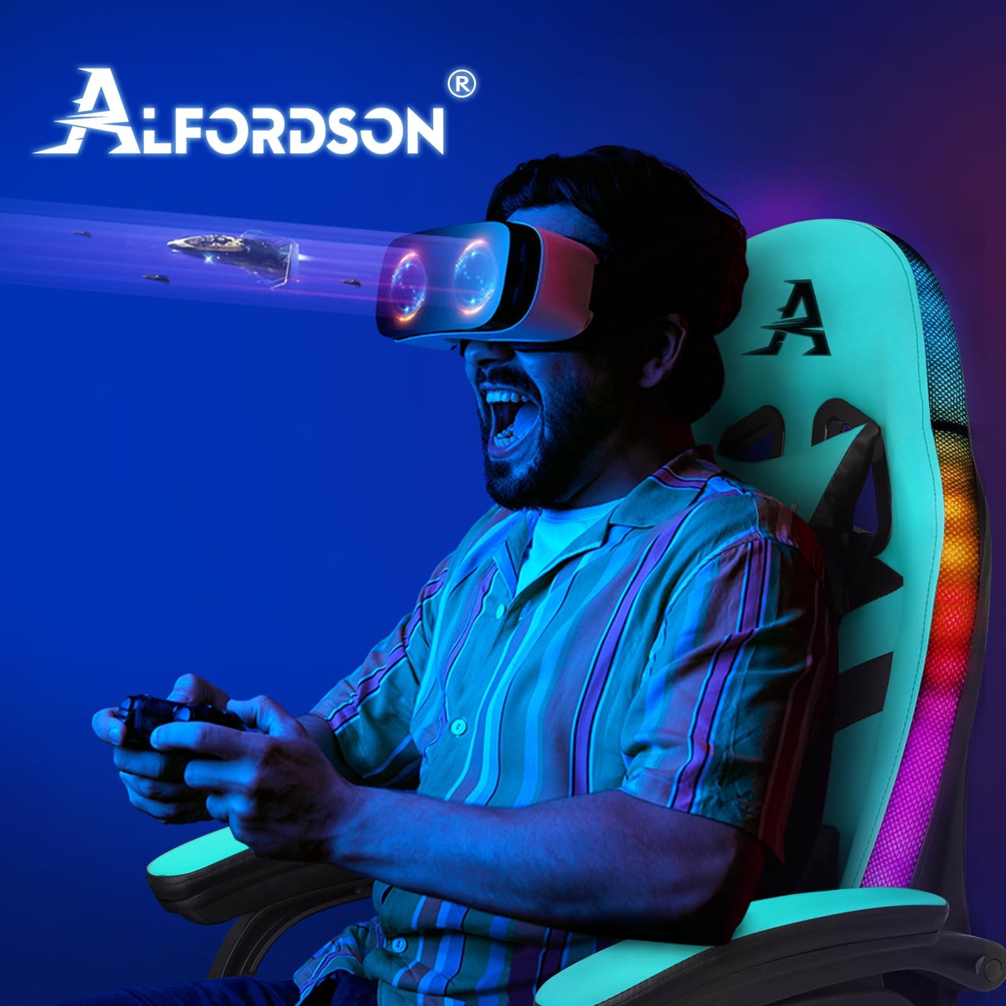 ALFORDSON Gaming Stuhl mit 8-Punkt Massage 12 Farben RGB LED-Licht, Bürostuhl Ergonomisch mit fußstützen, Kopfstütze Lendenkissen für Kinder Erwachsene, Schwarz