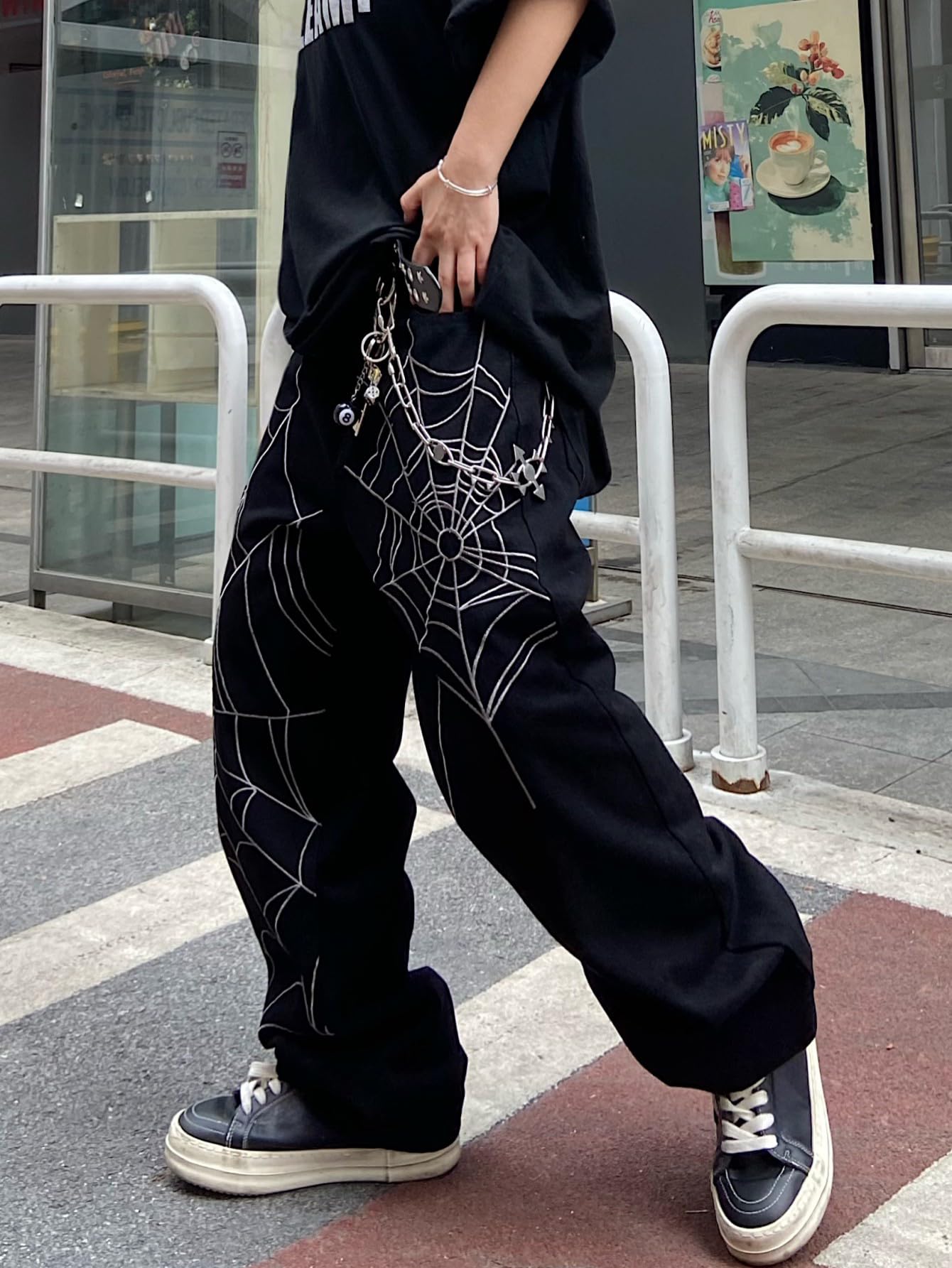 Men’s Baggy Jeans with Spider Web Embroidery