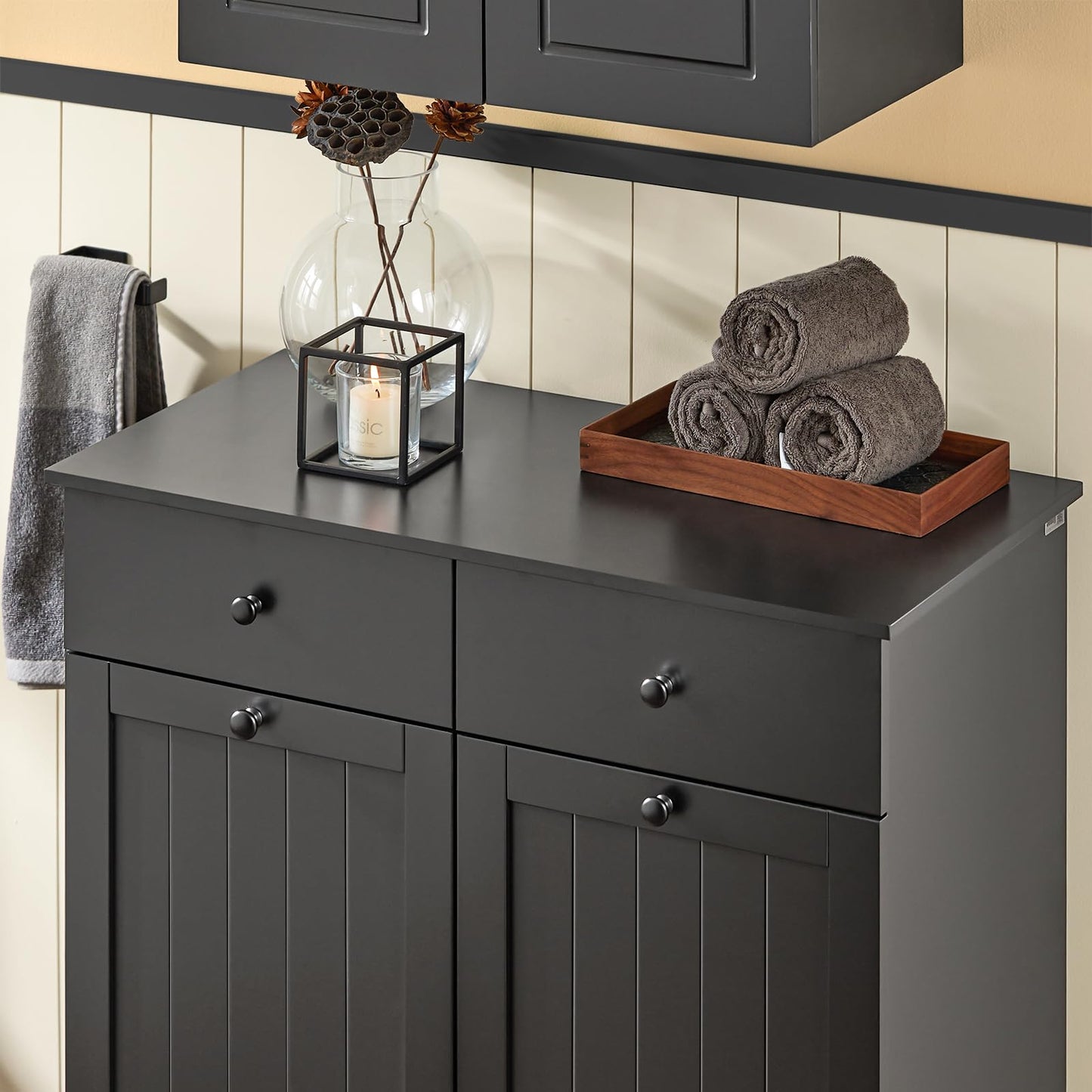 SoBuy Badezimmerschrank mit Wäschekorb Schmaler Badschrank Hoch Badregal Stehend mit 6 Ablagen und 2 Schubladen Wäscheschrank Schmal für Badezimmer Nische Weiß 60x37x171 cm BZR104-W