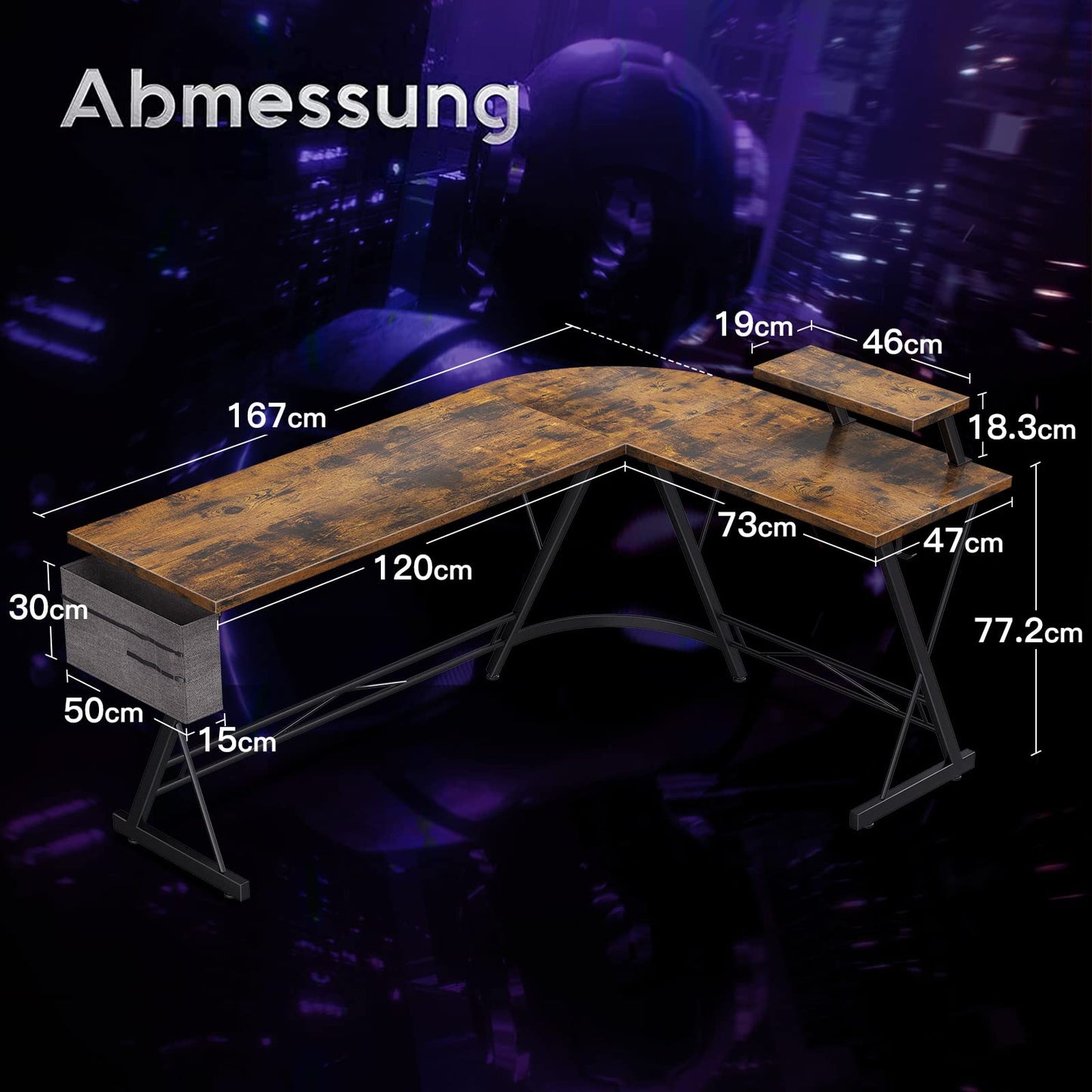 ODK Gaming Tisch, Gaming Schreibtisch Eckschreibtisch für Gamer, Schreibtisch L Form mit Monitorständer für Büro (Schwarz, 127 x 127 cm)