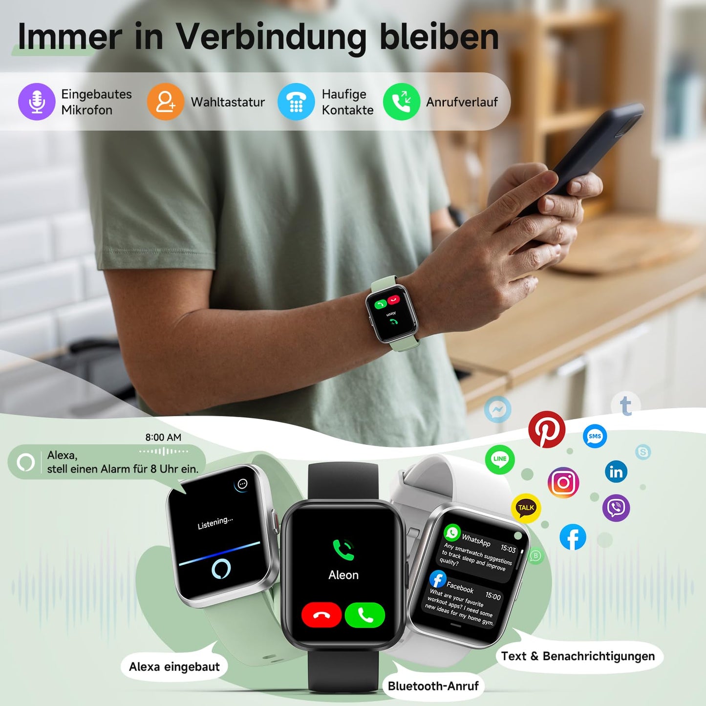 Smartwatch Damen Herren, Smart Watch mit Telefonfunktion Alexa, 1,8" Fitnessuhr Damen Sportuhr mit 100 Sportmodi & IP68, Herzfrequenz SpO2 Schlafmonitor, Armbanduhr Schrittzähler Uhr für Android iOS