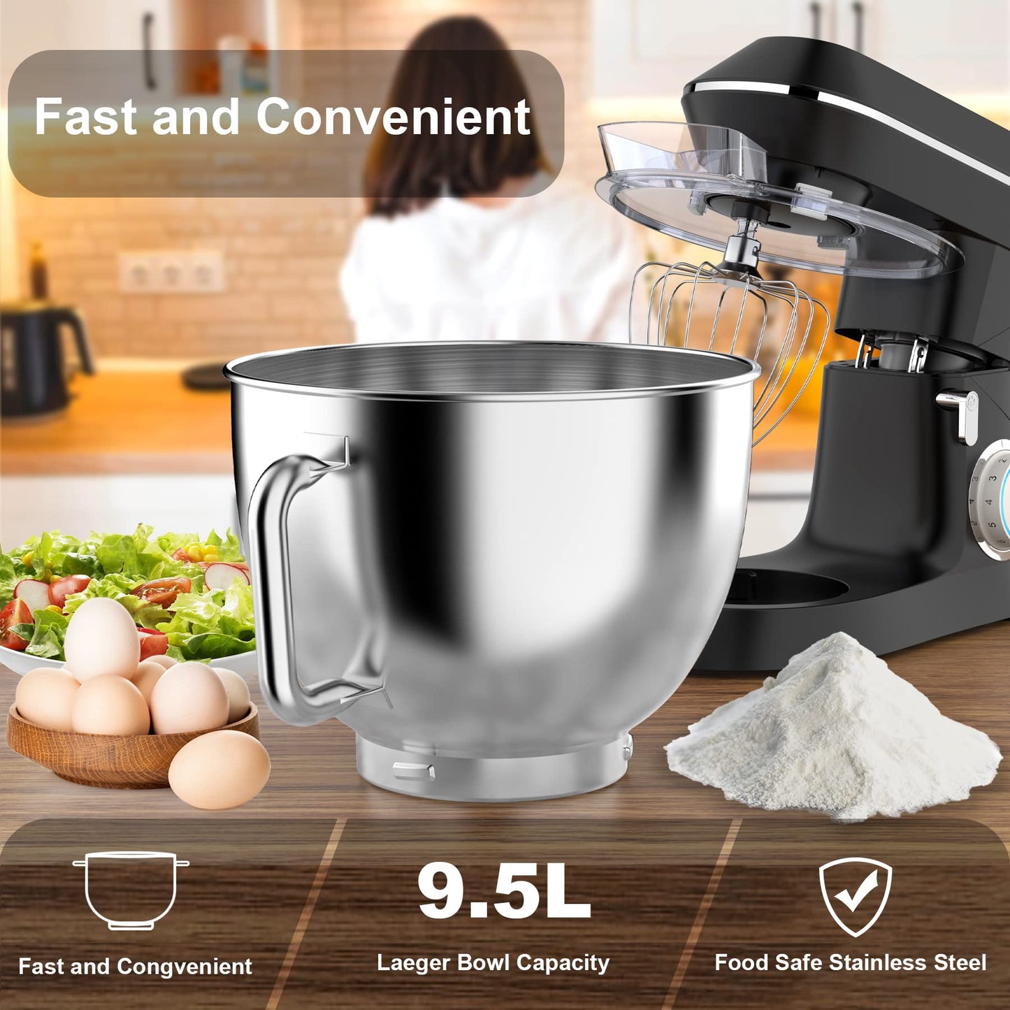 9.5L Küchenmaschine Knetmaschine 1500W, DOBBOR Rührmaschine mit Rührbesen, Knethaken, Schlagbesen, Spritzschutz, 7 Geschwindigkeit Planetarisches Rührsystem, leise und multifunktional. (rot)