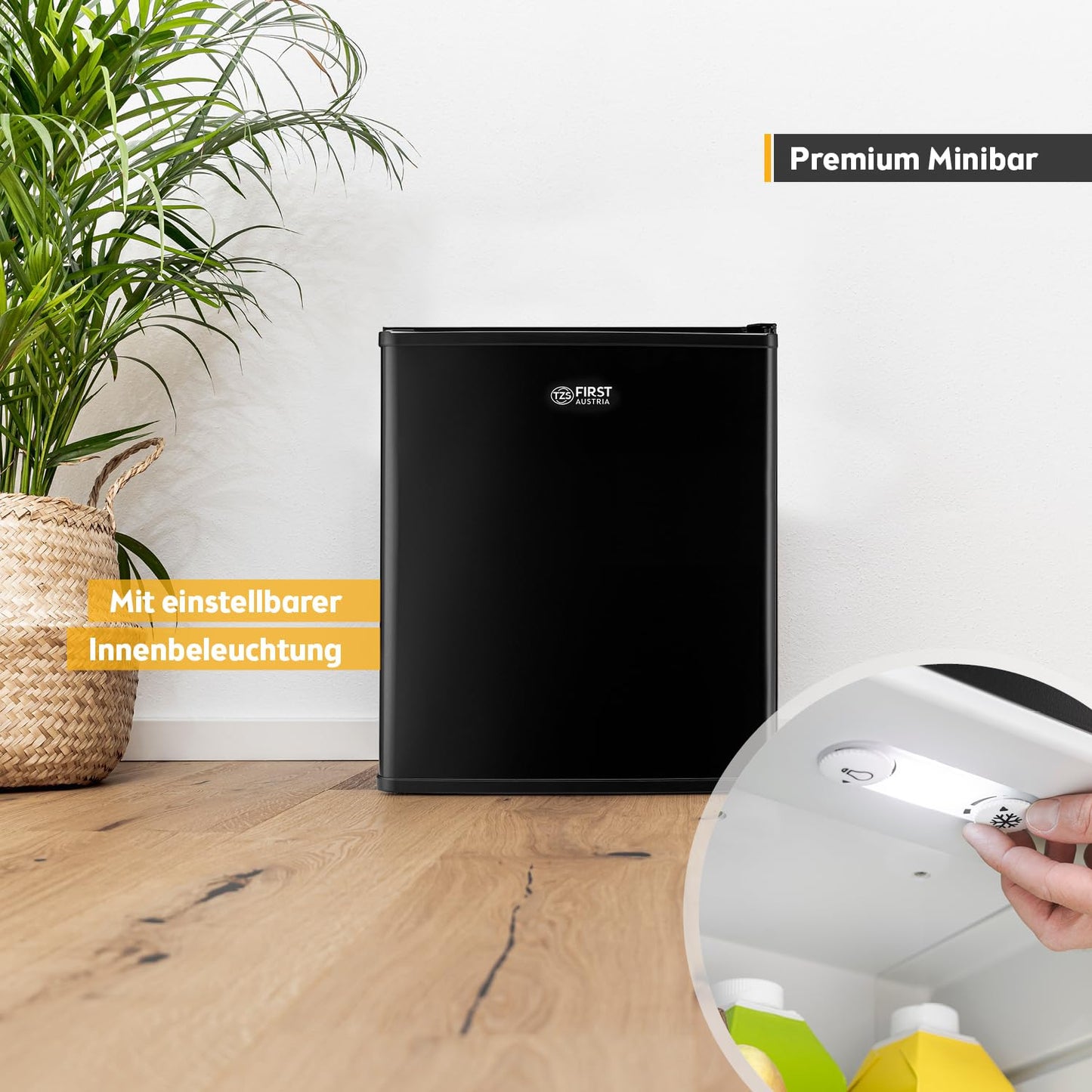 TZS First Austria - Mini fridge with lock, EEK A+, minibar, 0 dB noiseless, silent, bedroom, door hinges can be changed, approx. 4°C - 16°C, height 57cm, effective volume 35 L, interior lighting
