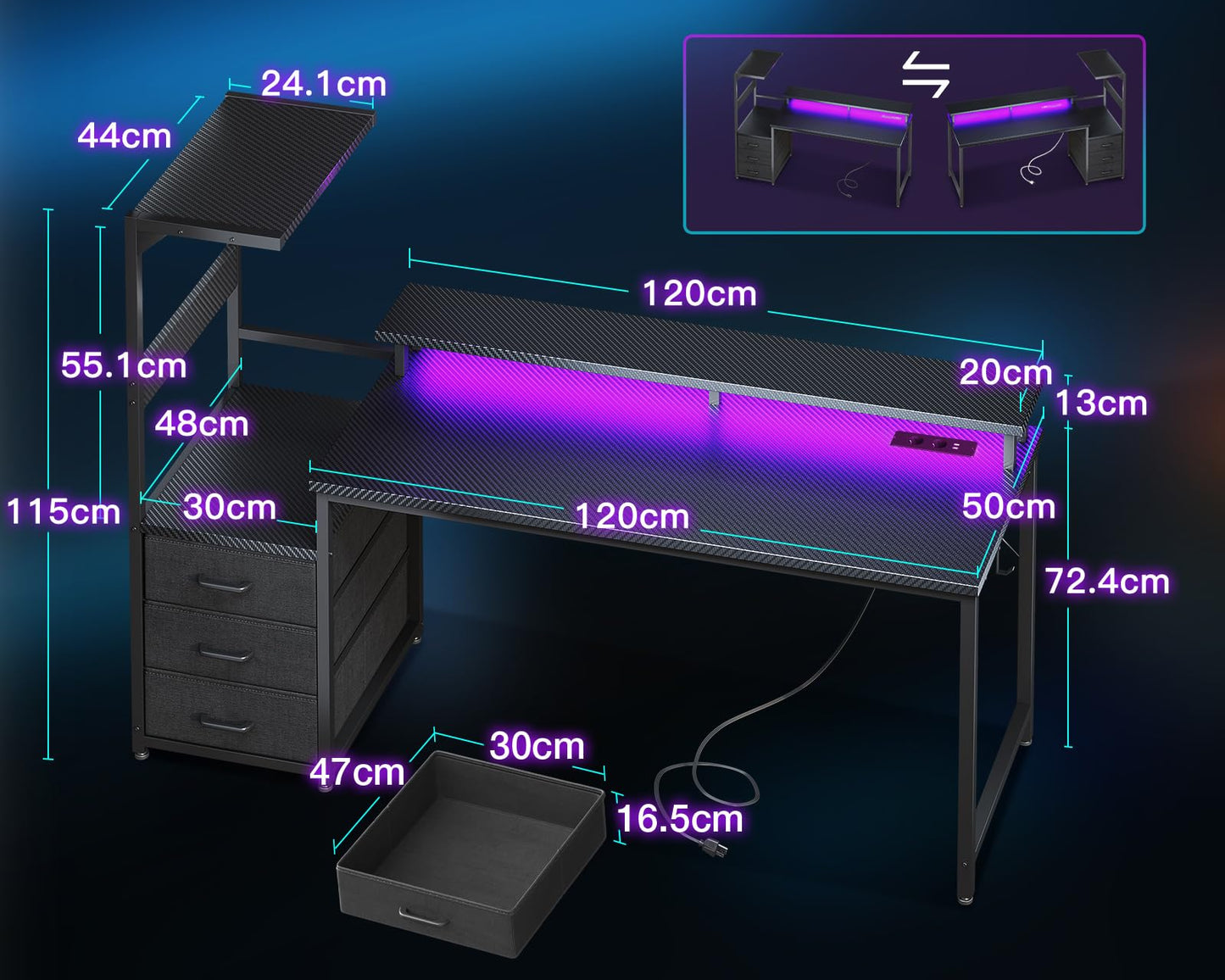 Coleshome Gaming Table with LED Lighting & Socket, Gaming Desk with Drawers, Computer Desk with Shelves & Monitor Stand, Carbon Fibre Black, 151 x 50 cm