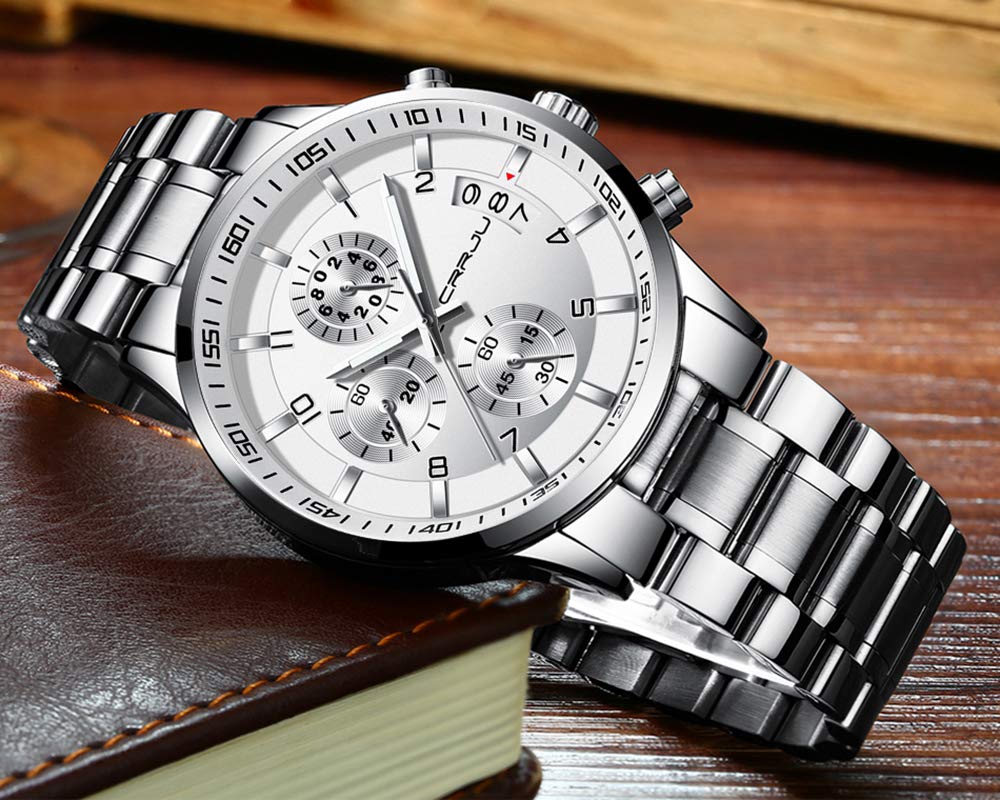 CRRJU Herren Uhr Business Edelstahl wasserdichte Chronographen mit Kalender Armbanduhr Edelstahlband Stoppuhr Analog Quarzuhr