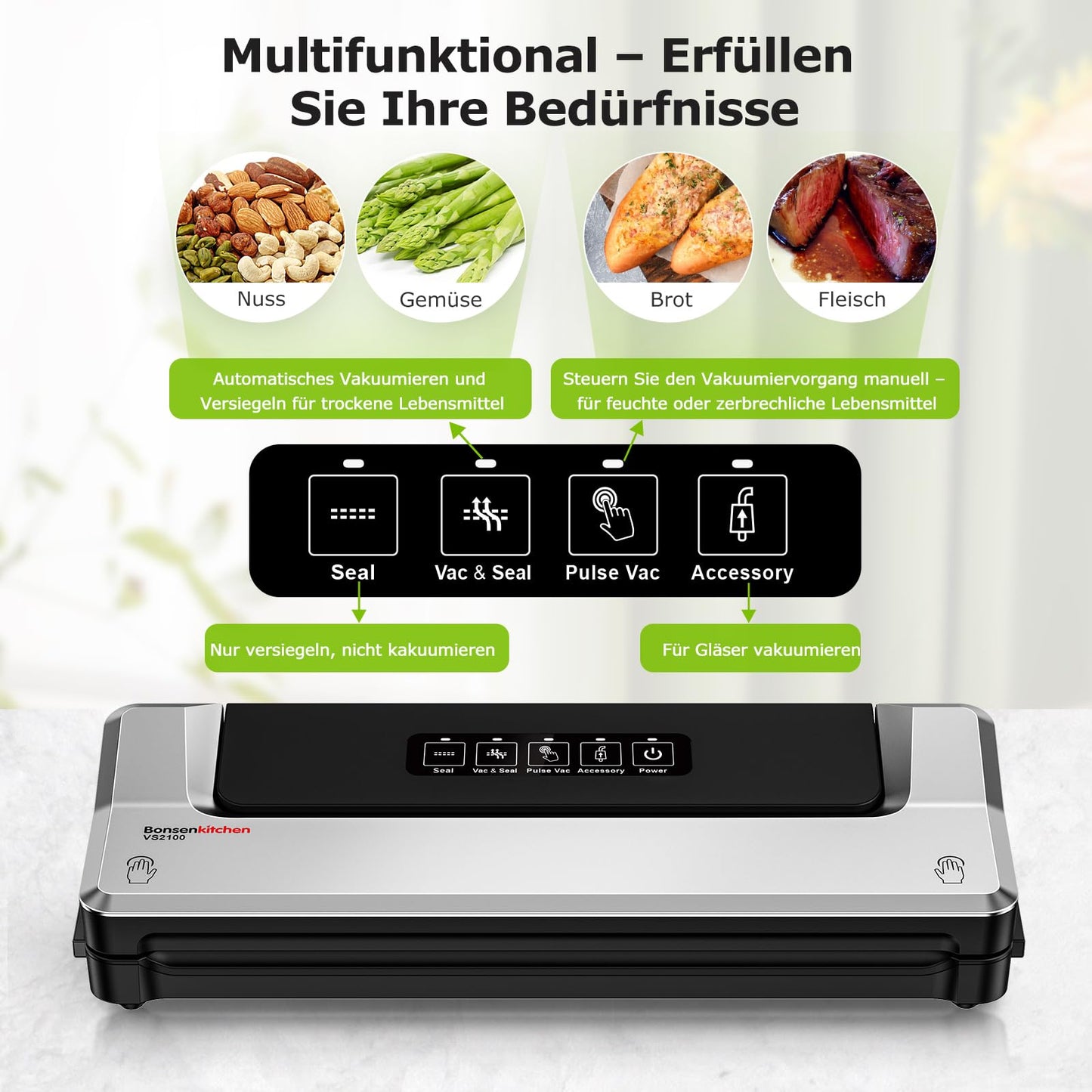 Bonsenkitchen Vakuumiergerät, Vakuumierer Folienschweißgerät für Sous Vide Kochen und Lebensmittel Bleiben bis zu 6x Länger Frisch, 40 Vakuumbeutel Inklusive (Sliber)