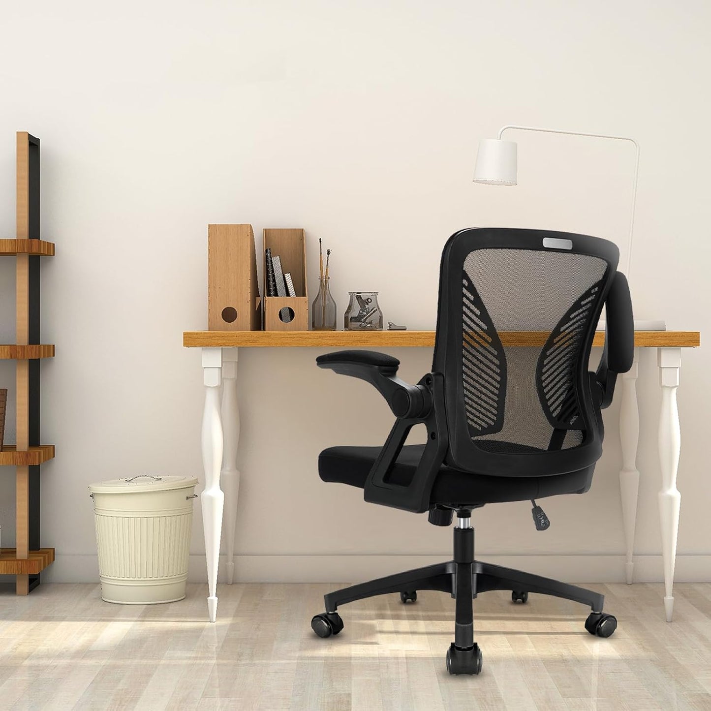 Milacyee Bürostuhl,Ergonomischer Schreibtischstuhl,Drehstuhl mit klappbaren Armlehnen,Verstellbare Lendenwirbelstütze,Höhenverstellbarer Chefsessel, Netzstuhl mit Wippfunktion bis zu 130°,Schwarz