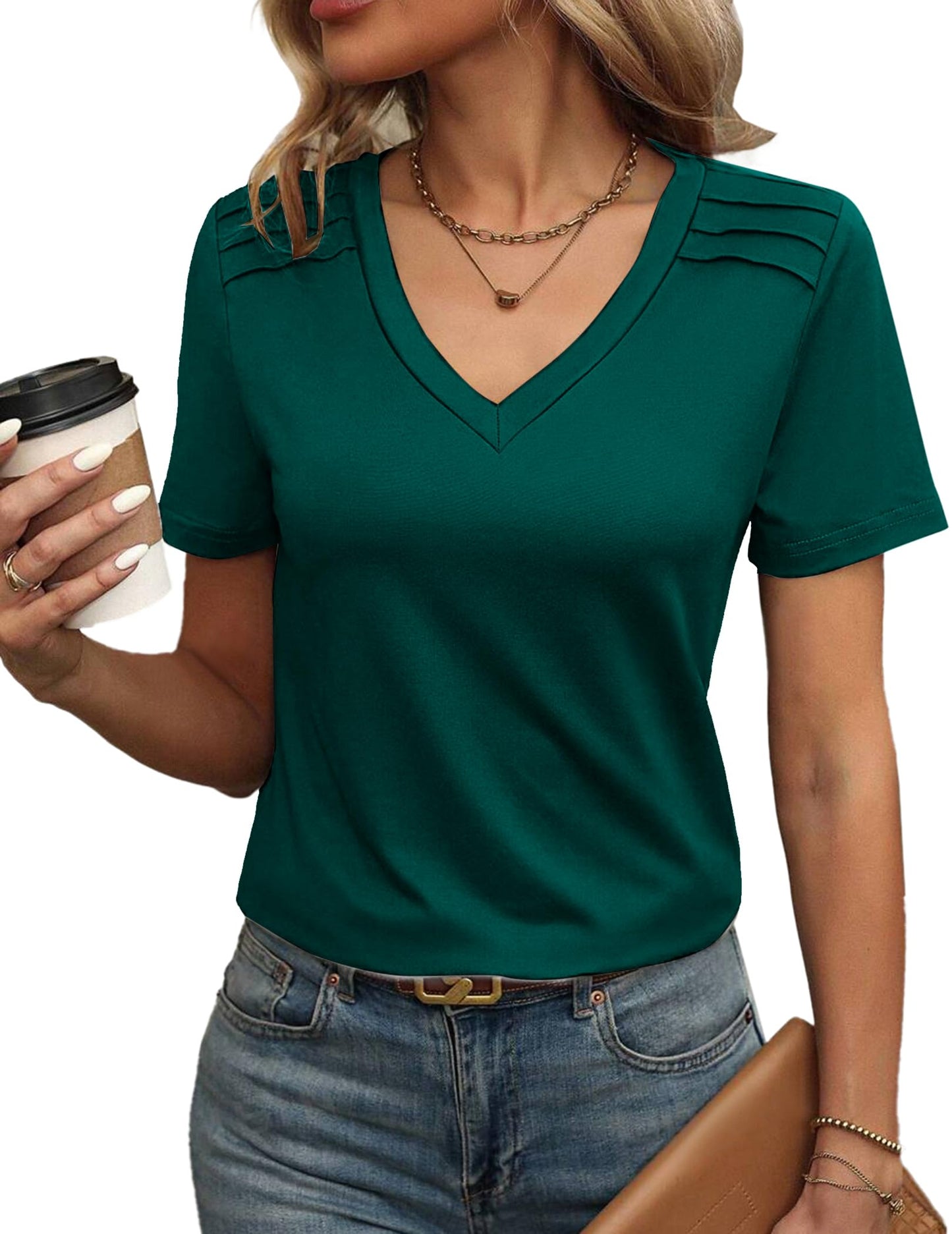 Zeagoo Women’s V-Neck Pleated T-Shirts