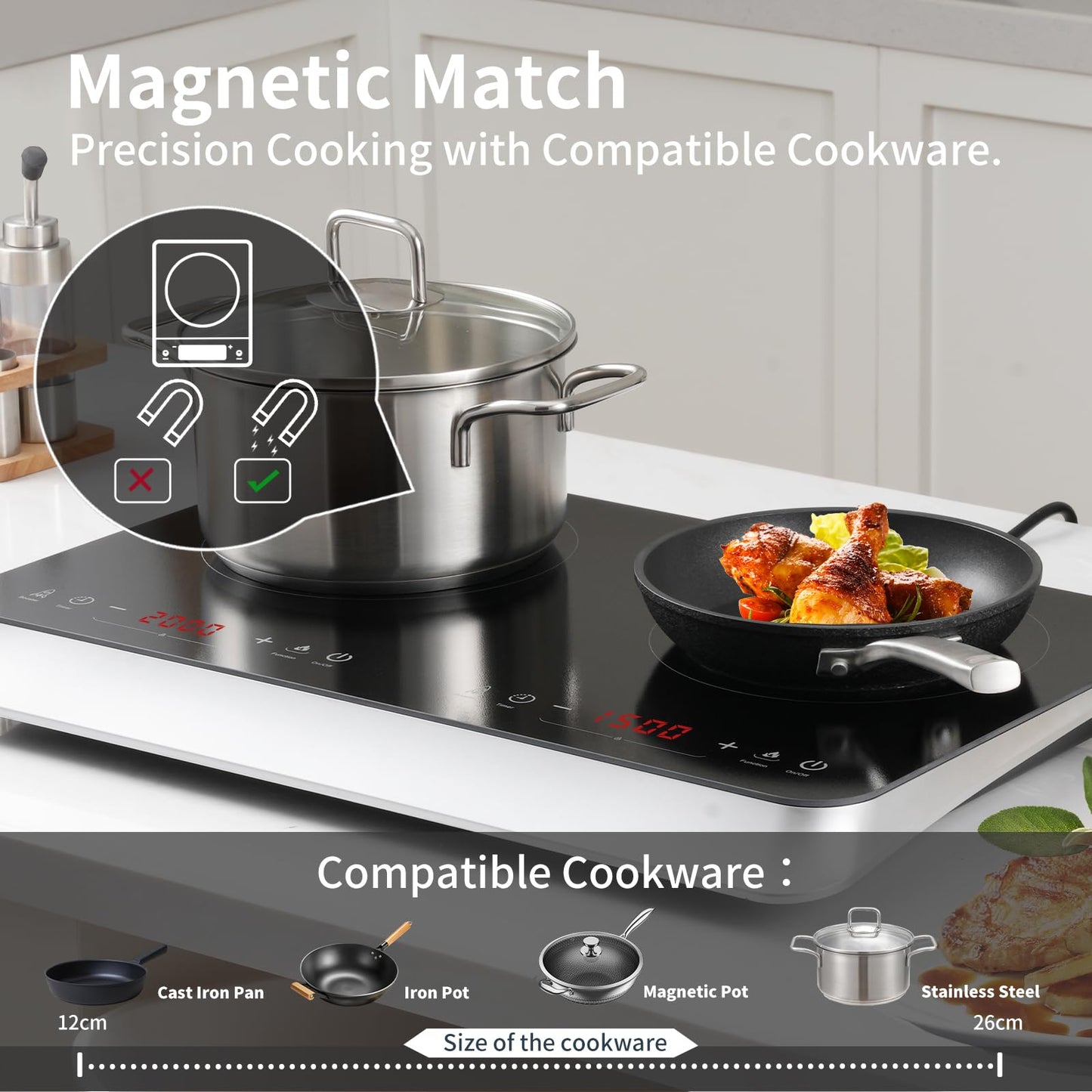 COOKTRON Induktionskochfeld 2 Platten Mobil, 3500W Doppel-Induktionskochplatte mit 6 Leistungsstufen, 10 Temperaturstufen, 3-Stunden-Timer, Touch-Steuerung, Ideal für Camping und Küche, Schwarz