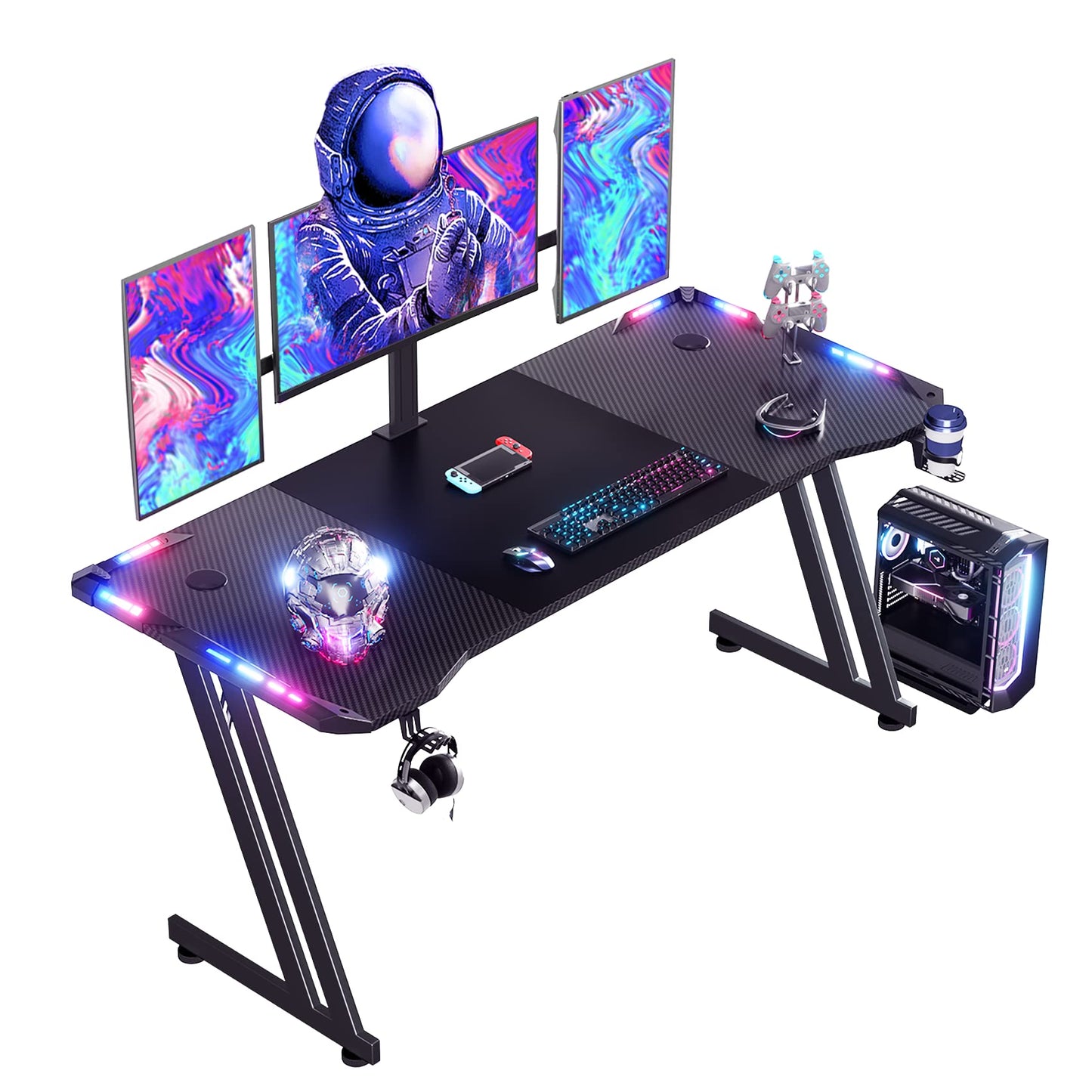HLONONE 120 x 60 cm Gaming Tisch, Gaming Schreibtisch mit LED, PC Tisch Gaming mit Kohlefaseroberfläche, Stabiler Computertisch für Gaming mit Kopfhörerhaken und Getränkehalter, Schwarz