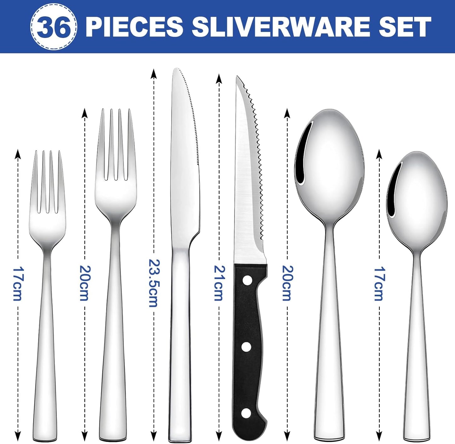 Besteck Set 36-teiliges für 6 Personen, Wildone Premium Edelstahl hochglanzpoliertes Besteck-Set, langlebiges für die Küche zu Hause, inklusive Gabel-Messer-Löffel-Set