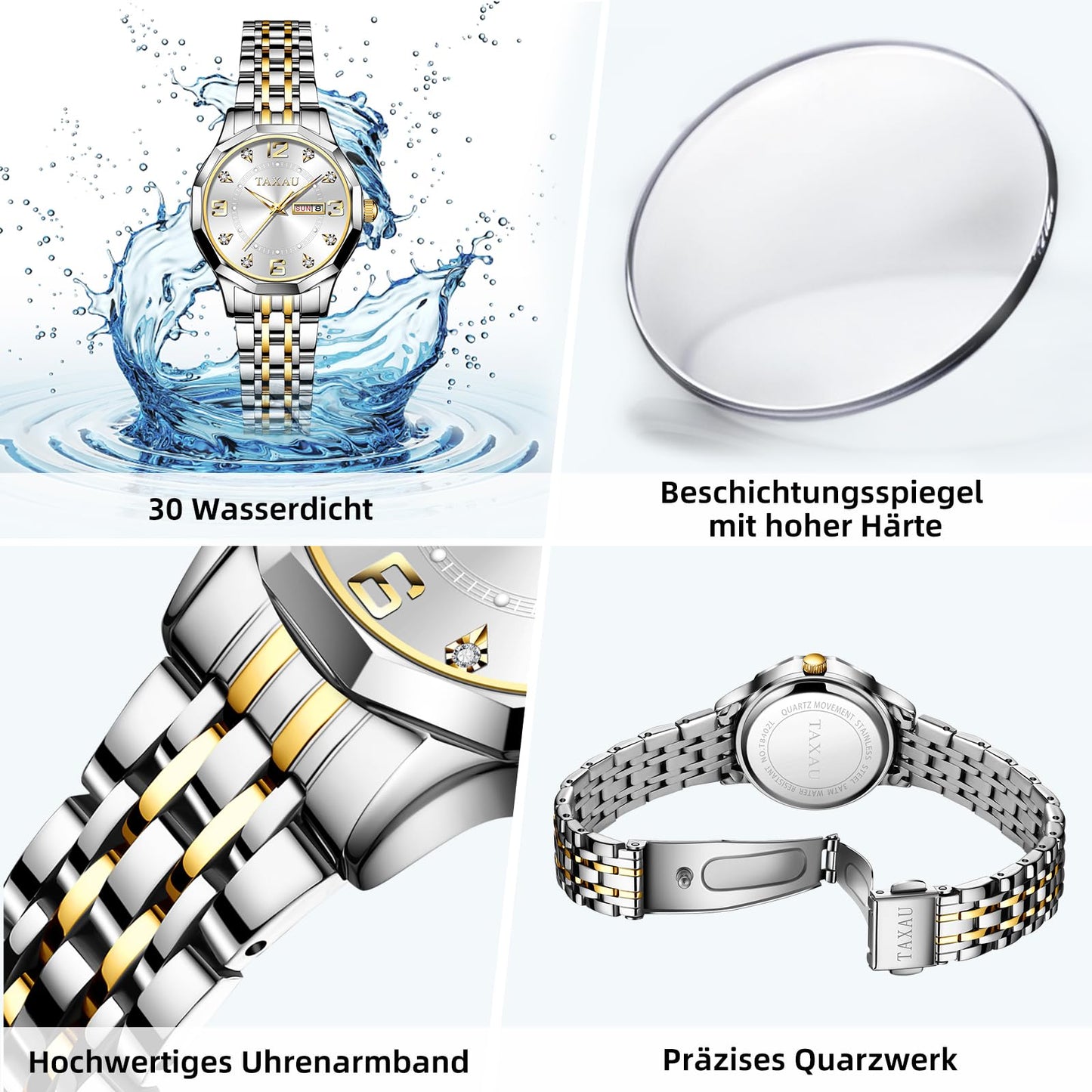 Taxau Uhr Frauen Luxus Edelstahl Uhren Frauen Kleid für Frauen wasserdichte Analog Quarz Damenuhren Klassische Reloj para Mujer