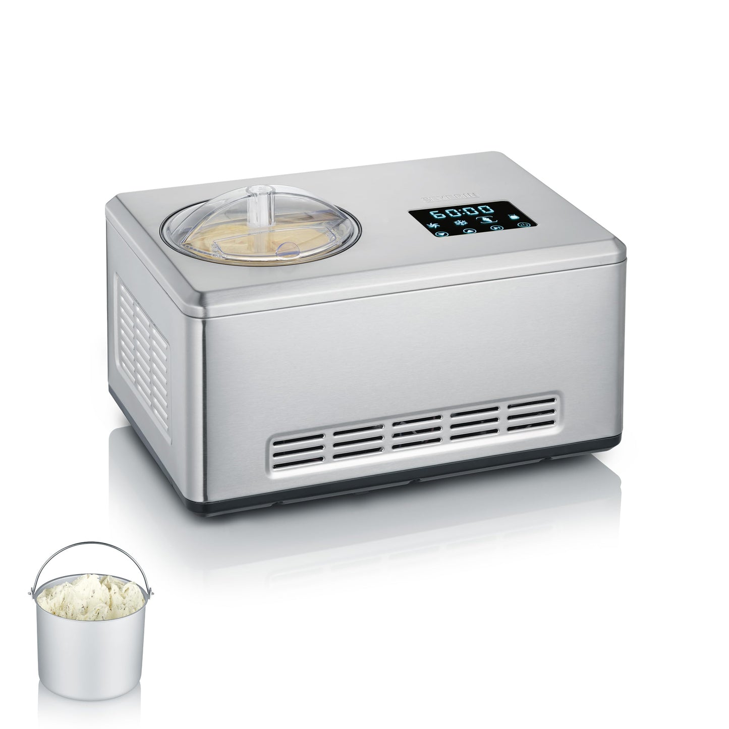 SEVERIN 2-in-1 Eismaschine mit Joghurtfunktion, Eismaschine mit Kompressor für Eis, Sorbet und Frozen Joghurt, Joghurtbereiter mit "warm & cold"-Funktion, Edelstahl-gebürstet, EZ 7405
