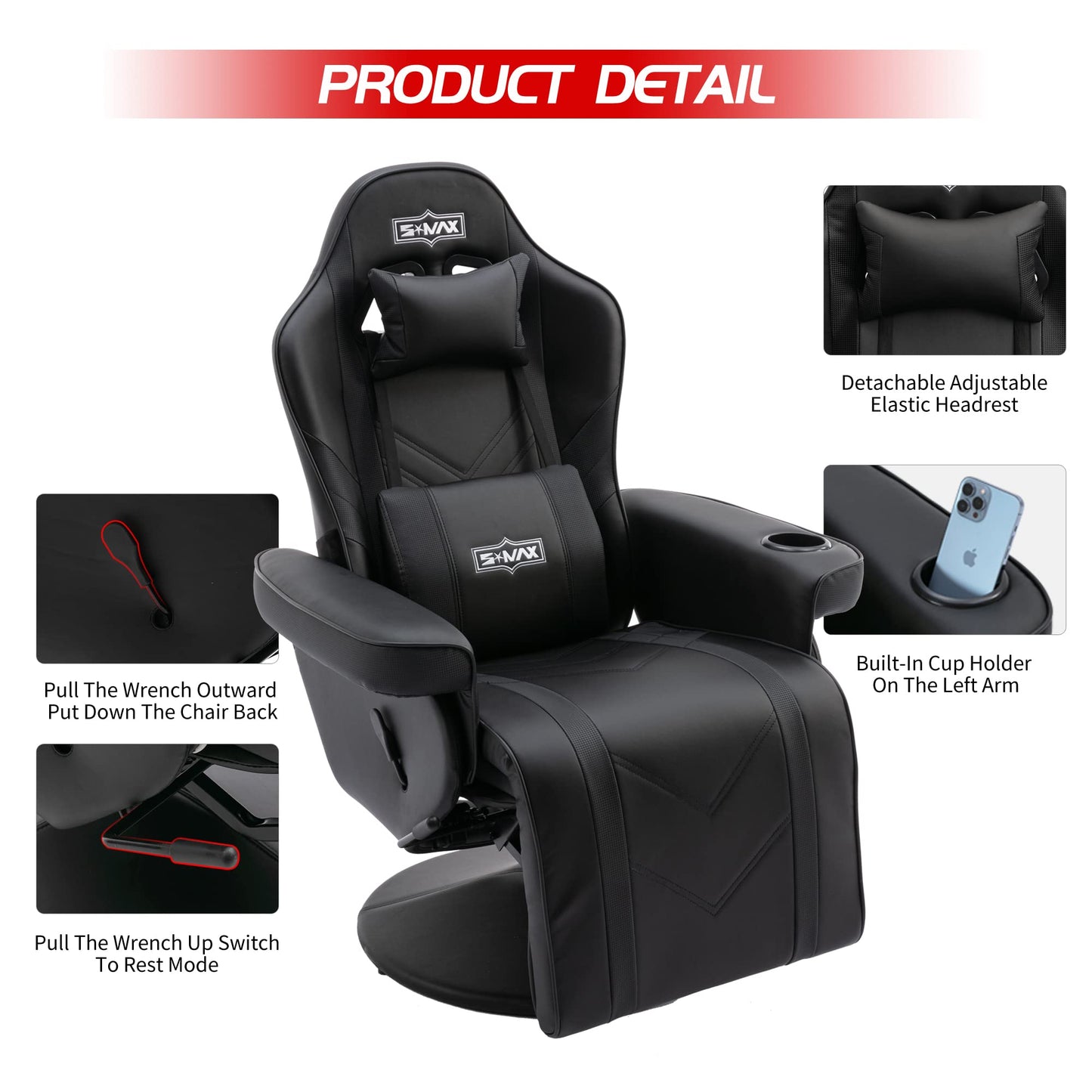 S*MAX Gaming Stuhl mit Fußstütze Gaming Sessel hoher Rückenlehne mit Verstellbarer Rückenlehne Becherhalter Seitentasche Gaming Stühle für Erwachsene Schwarz