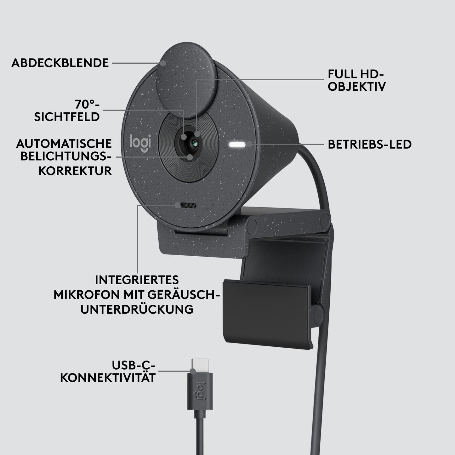 Logitech Brio 300 Full HD-Webcam mit Sichtschutz, Mikrofon mit Rauschunterdrückung, USB-C, Zertifiziert für Zoom, Microsoft Teams, Google Meet, Streaming, Automatische Lichtkorrektur - Graphit