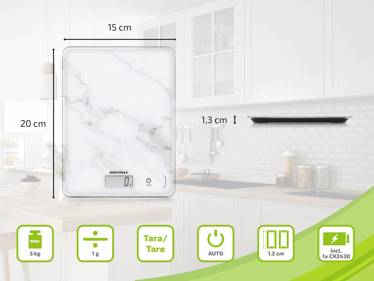 Soehnle Küchenwaage Page Compact 300 weiß, digitale Küchenwaage bis zu 5 kg Tragkraft, Waage mit leicht ablesbarer LCD-Anzeige, Digitalwaage mit Zuwiegefunktion
