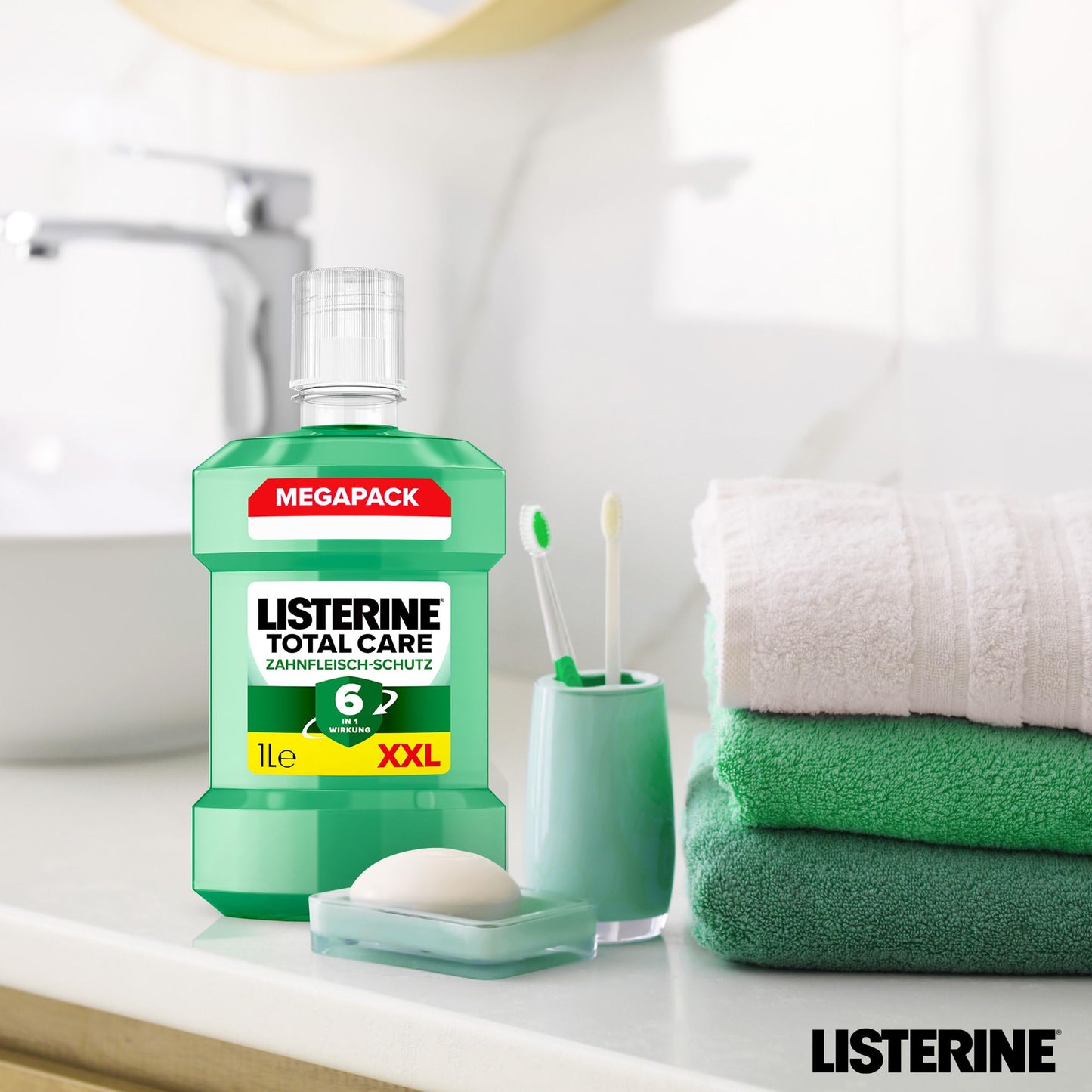 LISTERINE Total Care Zahnfleisch-Schutz (6 x 500 ml), antibakterielle Mundspülung mit Fluorid für gesundes Zahnfleisch, Zahnpflege Mundwasser reduziert Zahnbelag mit 6 in 1 Wirkung