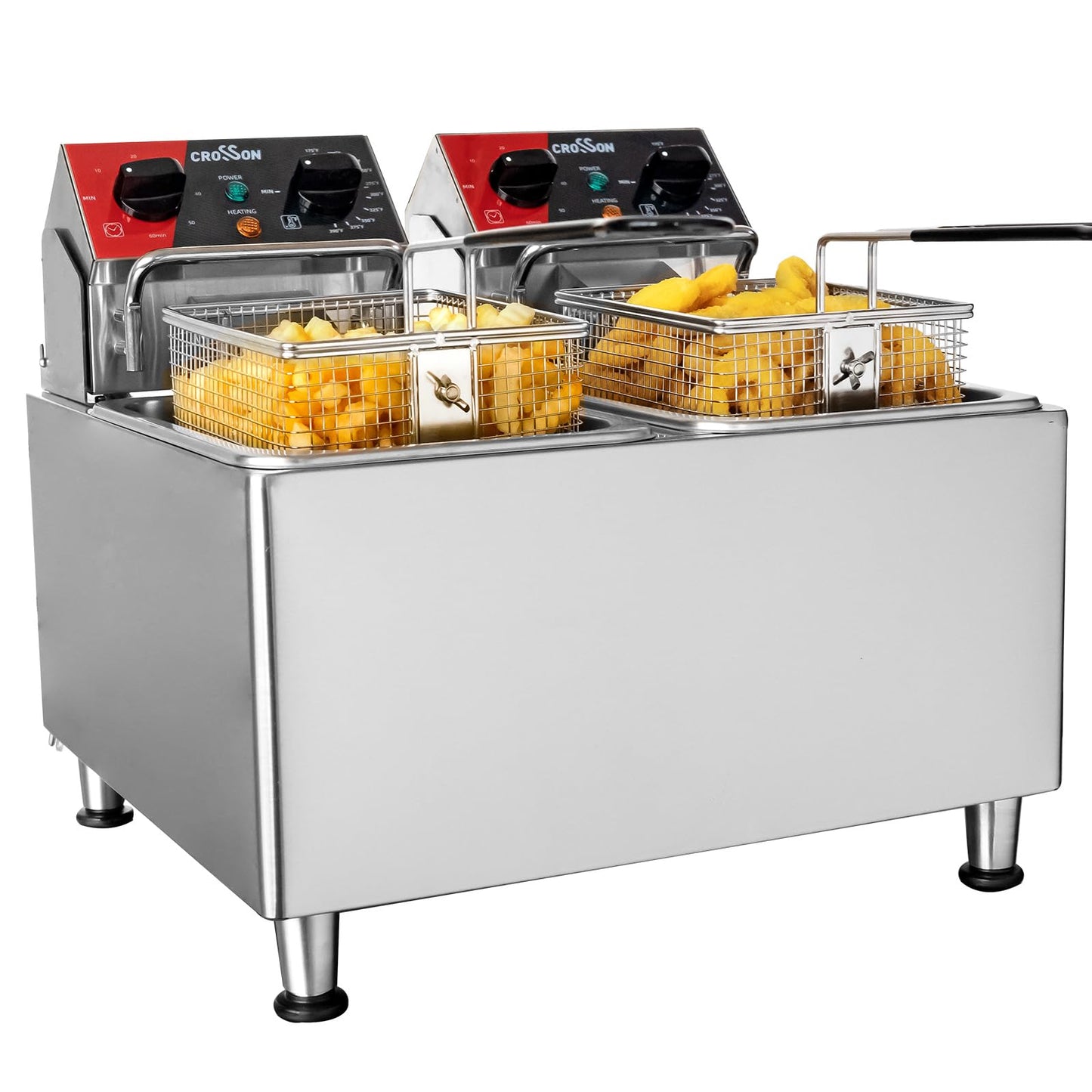 CROSSON 4L Elektrische Aufsatzfritteuse mit leicht zu reinigendem rotierendem Fritteusenkopf, 30 Minuten Timer, abnehmbarer Öltank 304 SS mit Griff (4L single tank)