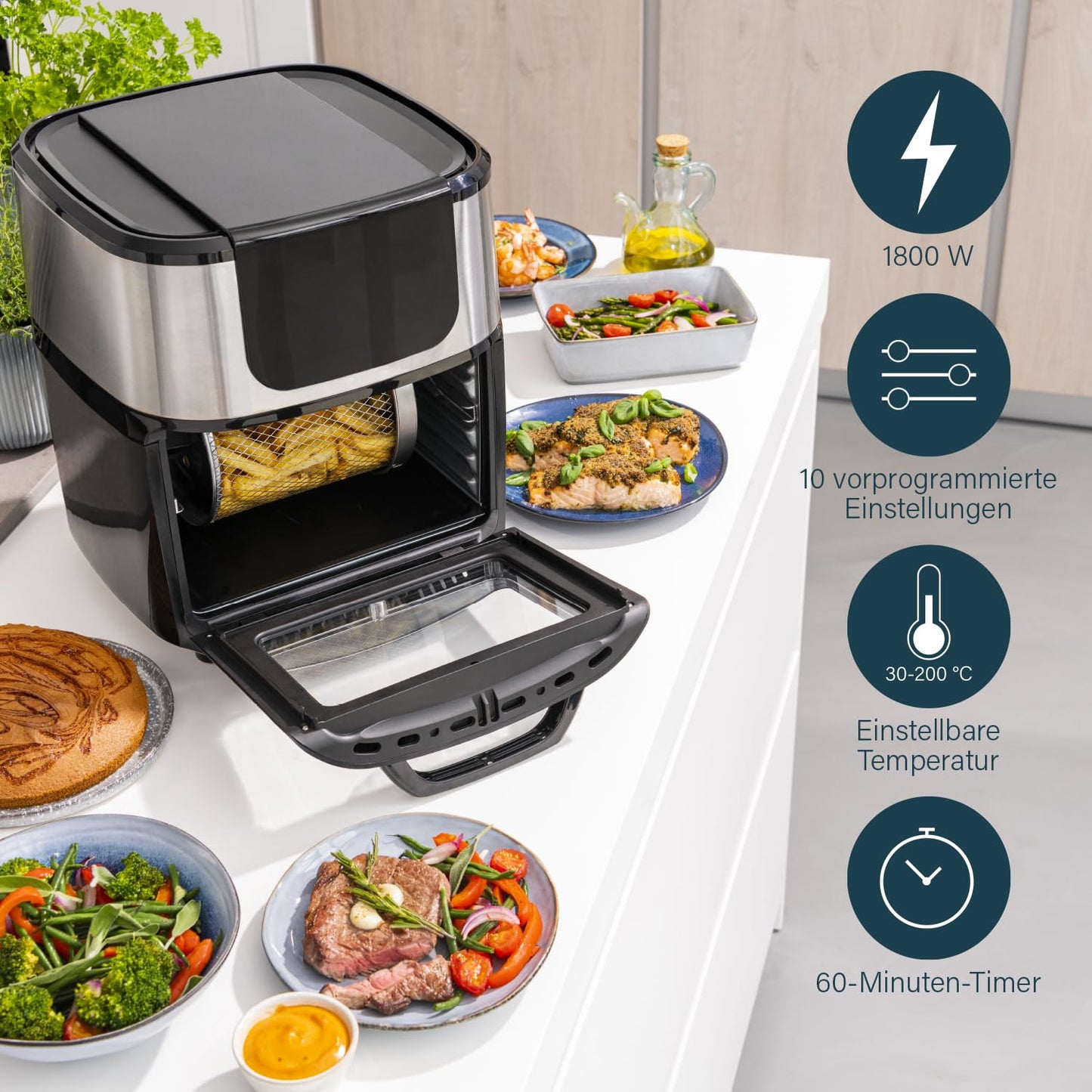 Princess Digital Hot Air Fryer - 6.5 L - with Removable Divider - 60 Percent Less Energy Consumption - Digital Touchscreen - 12 Programmes - Oil Free - Black - 182061