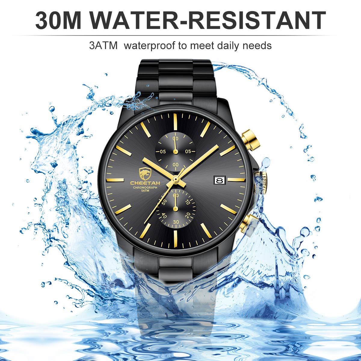 Herrenuhren mit lässiger wasserdichter Chronographen Quarzuhr aus Edelstahl und Metall, Auto Date in farbenfrohen Zeigern