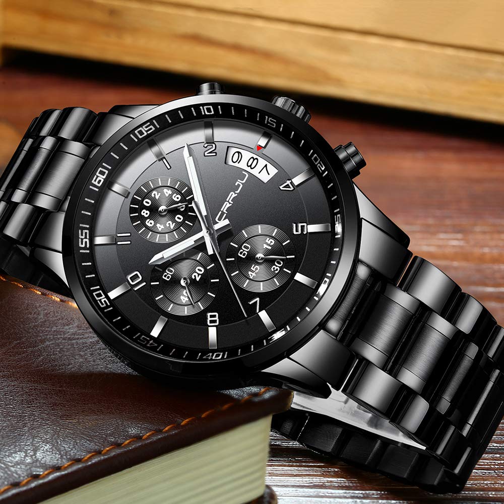 CRRJU Herren Uhr Business Edelstahl wasserdichte Chronographen mit Kalender Armbanduhr Edelstahlband Stoppuhr Analog Quarzuhr