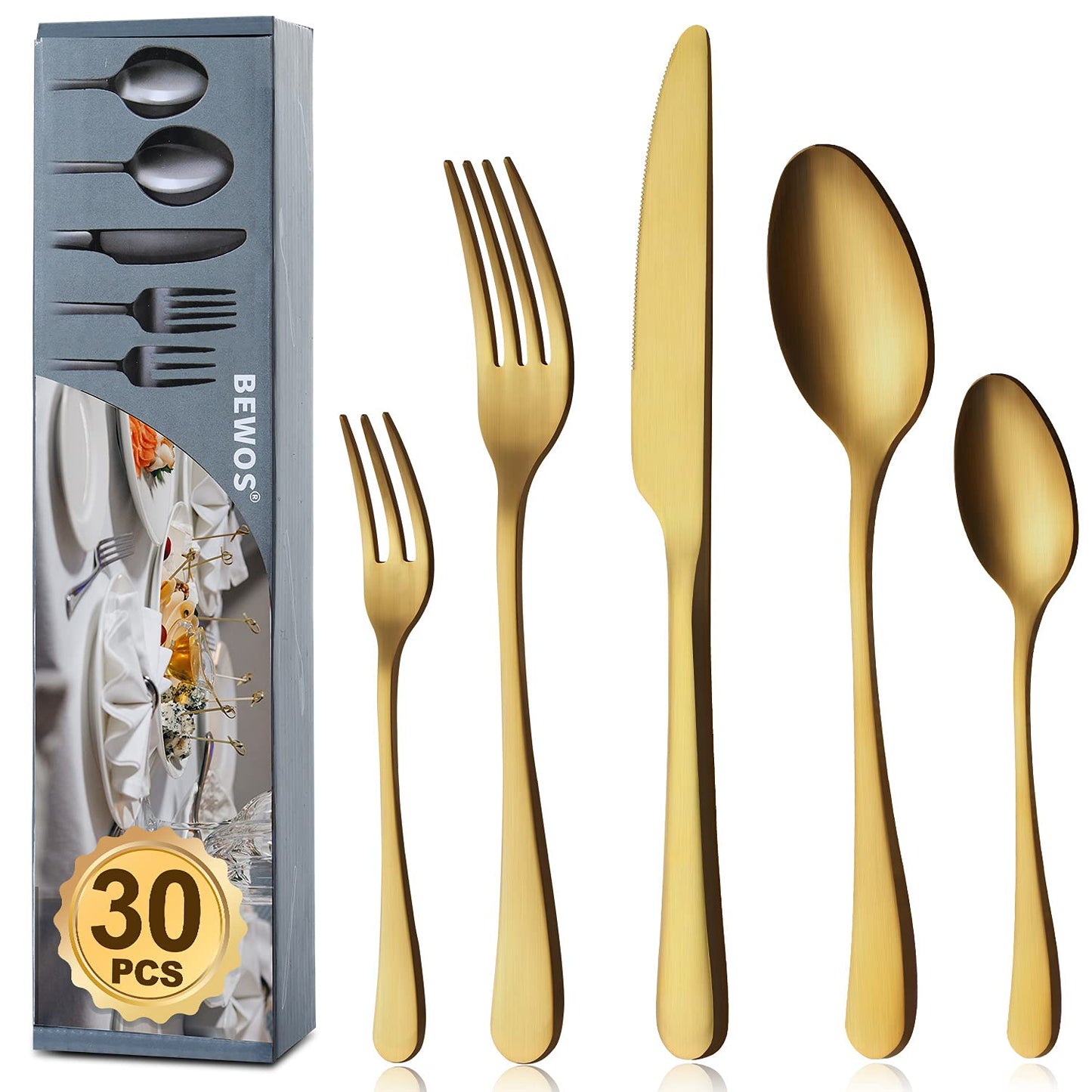 BEWOS Besteck Set für 6 Personen, 30 teilig Essbesteck Set inkl. Messer, Gabel, Löffel, Besteck Edelstahl Spiegelpoliert, Spülmaschinenfest