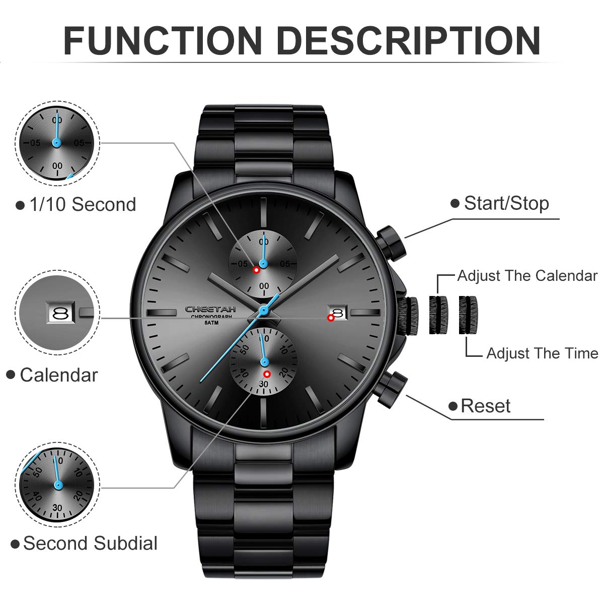 Herrenuhren mit lässiger wasserdichter Chronographen Quarzuhr aus Edelstahl und Metall, Auto Date in farbenfrohen Zeigern