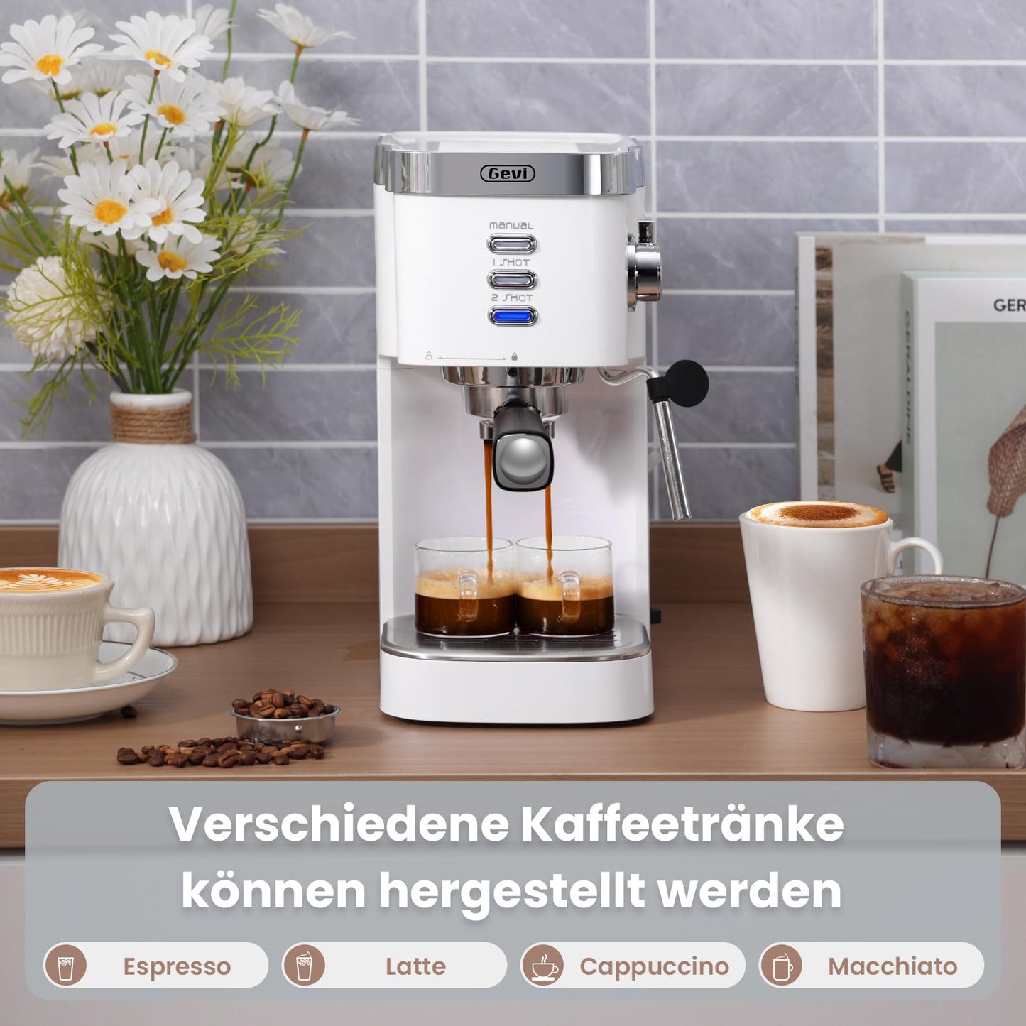 Gevi 20 Bar Espresso Kaffeemaschine Espressomaschine mit professionellem Milchaufschaumdüse, nur 15 cm breit,1350W schnelle Hitze für Cappuccino, Latte & Macchiato, 1,2L Wassertank, Weiß
