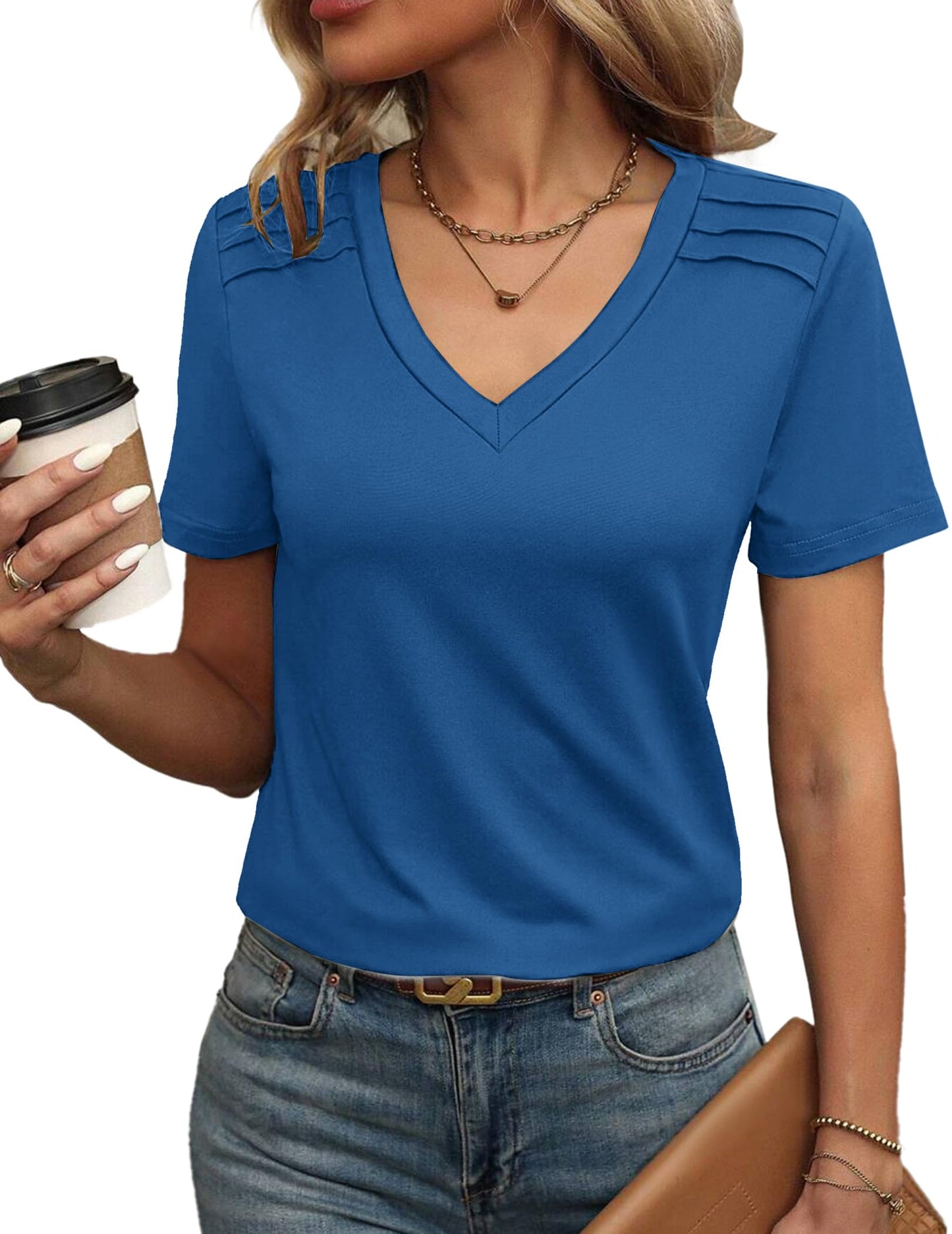 Zeagoo Women’s V-Neck Pleated T-Shirts