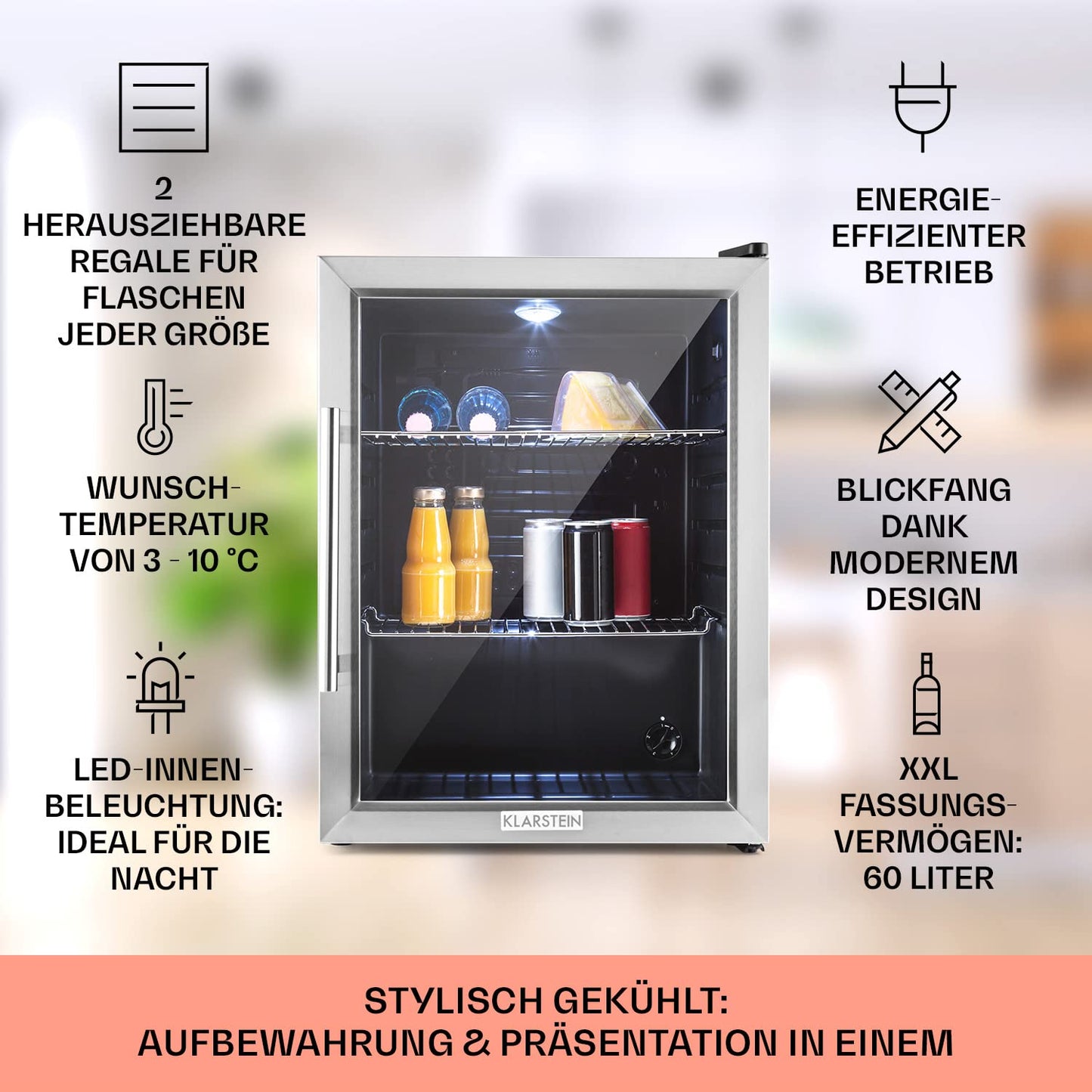 Klarstein Mini Fridge with Glass Door, Mini, for Room, Drinks Fridge Small with Adjustable Shelves, with Waveform Racks, 60 Liter Refrigerator Quiet