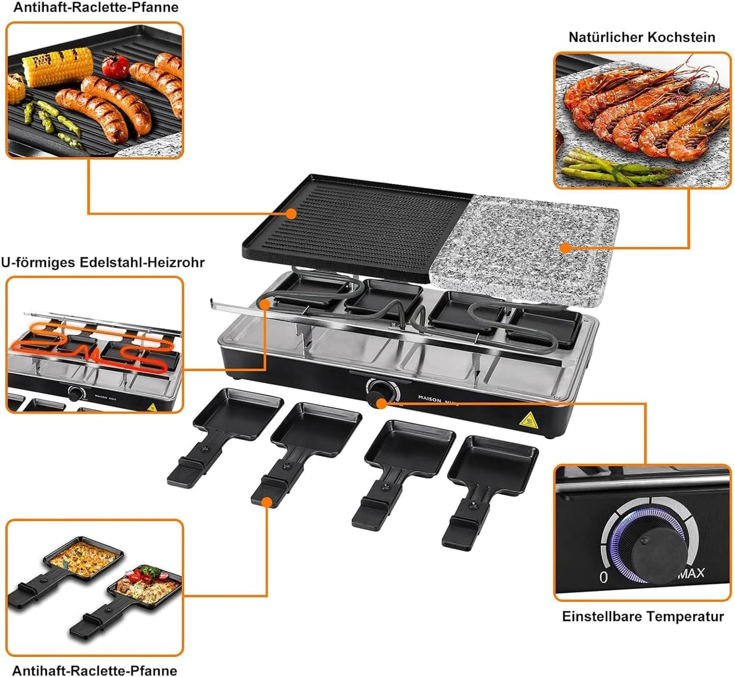 Raclette Grill mit Naturgrillstein und Grill-Platte 2-in-1 Raclette Grill,8 Personen Grillplatte Tischgrill Elektrisch Elektrogrill Heißer Stein 1400 Watt mit 8 Pfännchen
