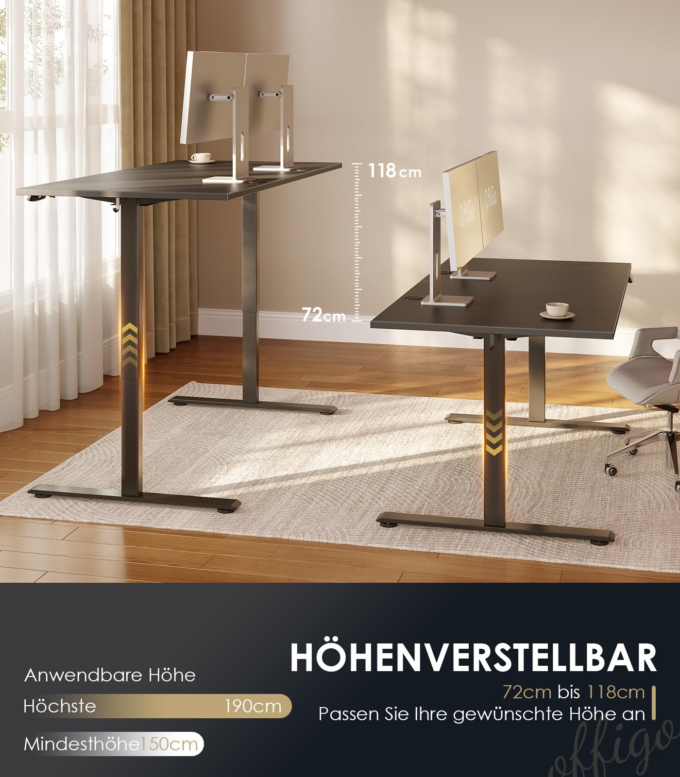 OffiGo Höhenverstellbarer Schreibtisch, 120 cm Elektrischer Schreibtisch, Ergonomischer Tisch mit Memory-Funktion, Gaming Tisch Höhenverstellbar, Moderner Computertisch für Zuhause und Büro, Weiß