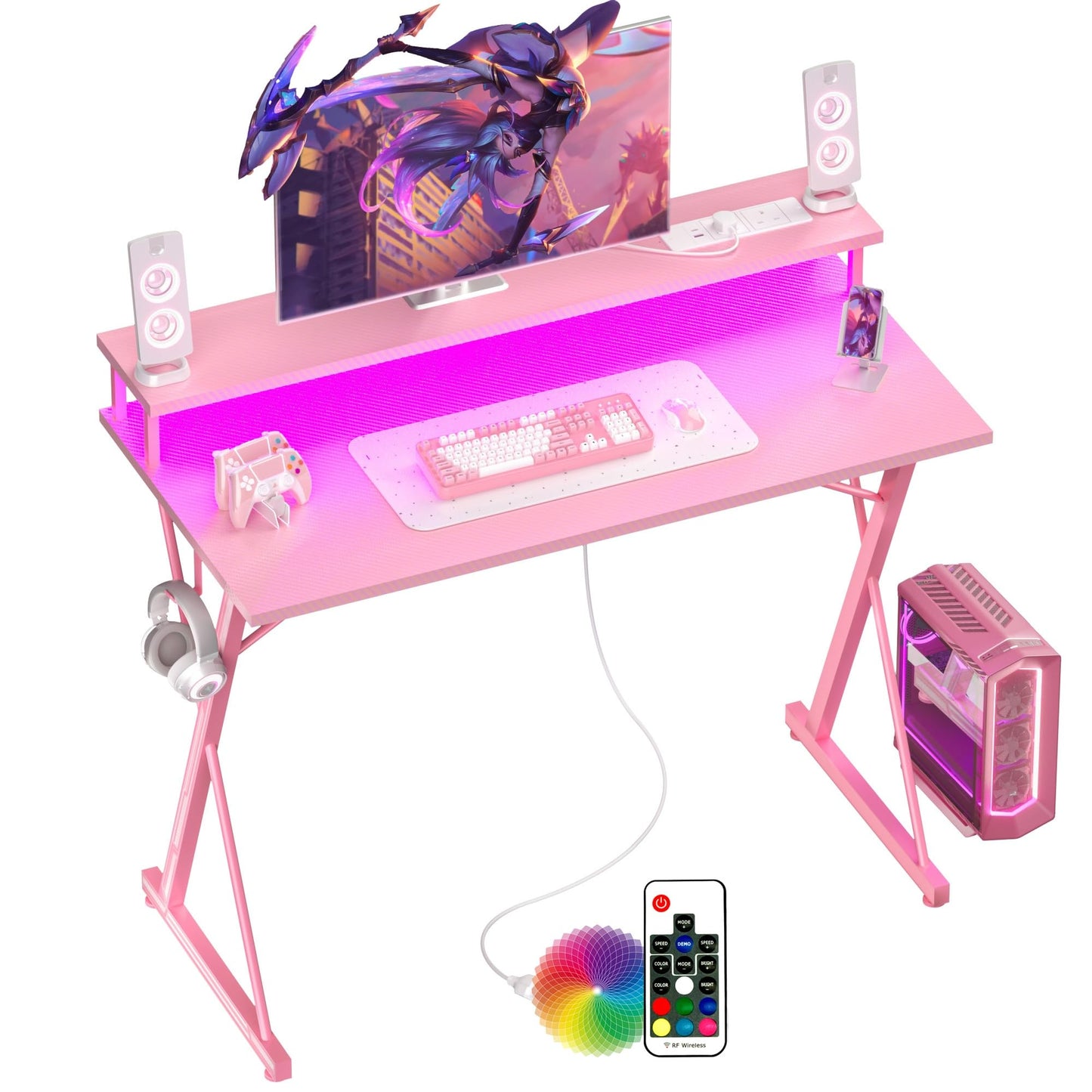 BEXEVUE Gaming Schreibtisch mit Steckdosenleiste LED – 100x50 cm Ergonomic Computer Gamer Tisch, Großer PC Monitorständer, Moderner X Rahmen, Kopfhörerhaken, Studium Arbeit Zuhause Schlafzimmer