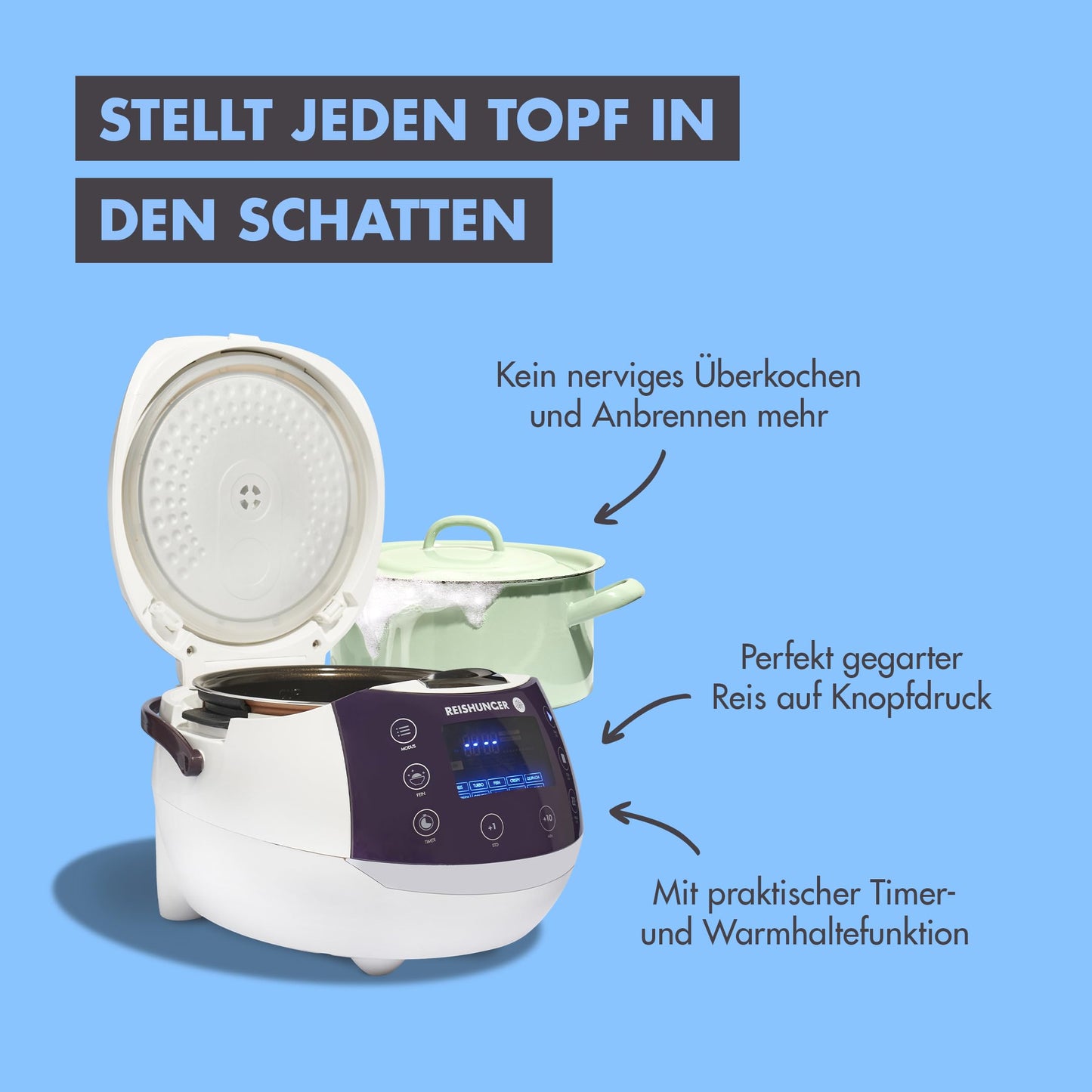 REISHUNGER Digitaler Reiskocher & Dampfgarer Grau | 1,5 L bis 8 Personen | Warmhaltefunktion, Timer & Premium Innentopf | Multikocher, 12 Programme, 7-Phasen-Technologie