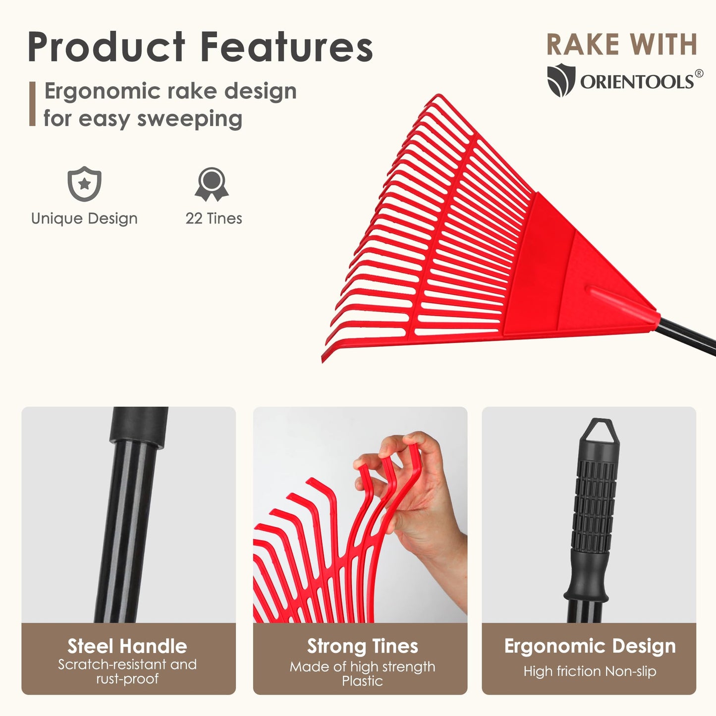 ORIENTOOLS Garten Laubrechen, Garten Rechen für Rasen Laub mit verstellbarem Griff 107 bis 156 cm Rechen, 22 Starke Zinken Kunststoff Kopf Strauch Rechen, Landschaftsbesen für Rasen und Blätter