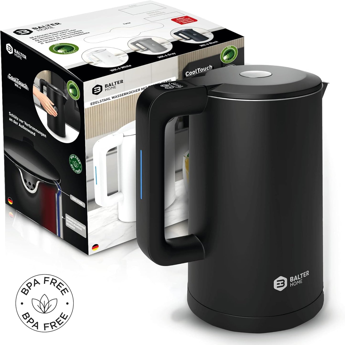Balter Wasserkocher Edelstahl WK-4, 1,7 Liter, elektrischer Wasserkocher, Doppelwand Design, BPA frei, LED, Teekocher Kompakt, leise (Schwarz)