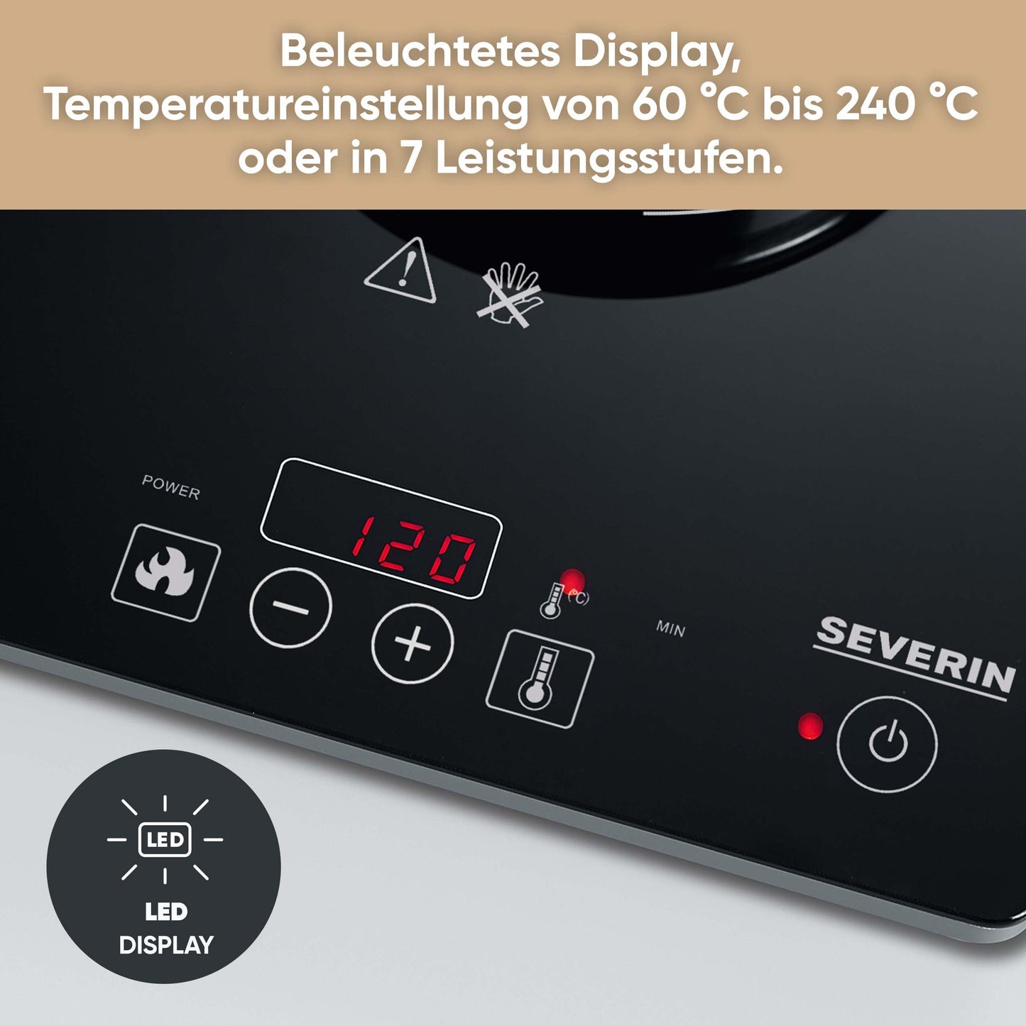 SEVERIN Kochplatte Induktion, für Küche, Büro oder Camping, hochwertige Herdplatte mit stufenloser Temperatureinstellung, Campingkocher mit Glaskeramik-Kochfeld, schwarz, 2.000 W, KP 1071