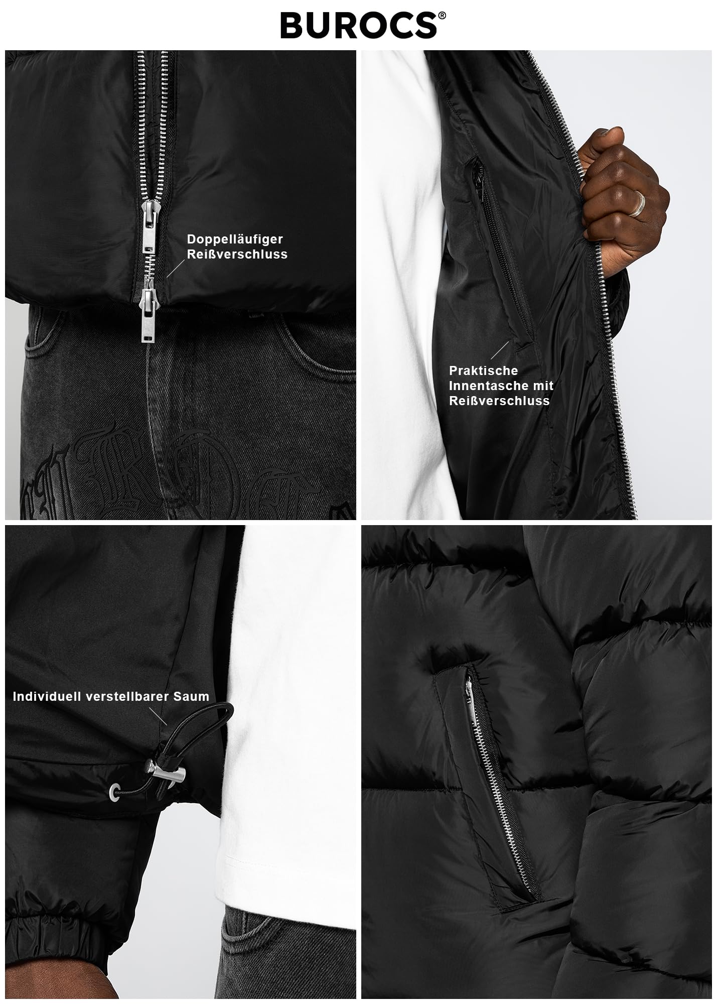 Burocs Hooded Puffer Jacket - Black - Jacke Herren - 2-Wege-Reißverschluss - abnehmbare Kapuze - Logo am Rücken - Kordelzug