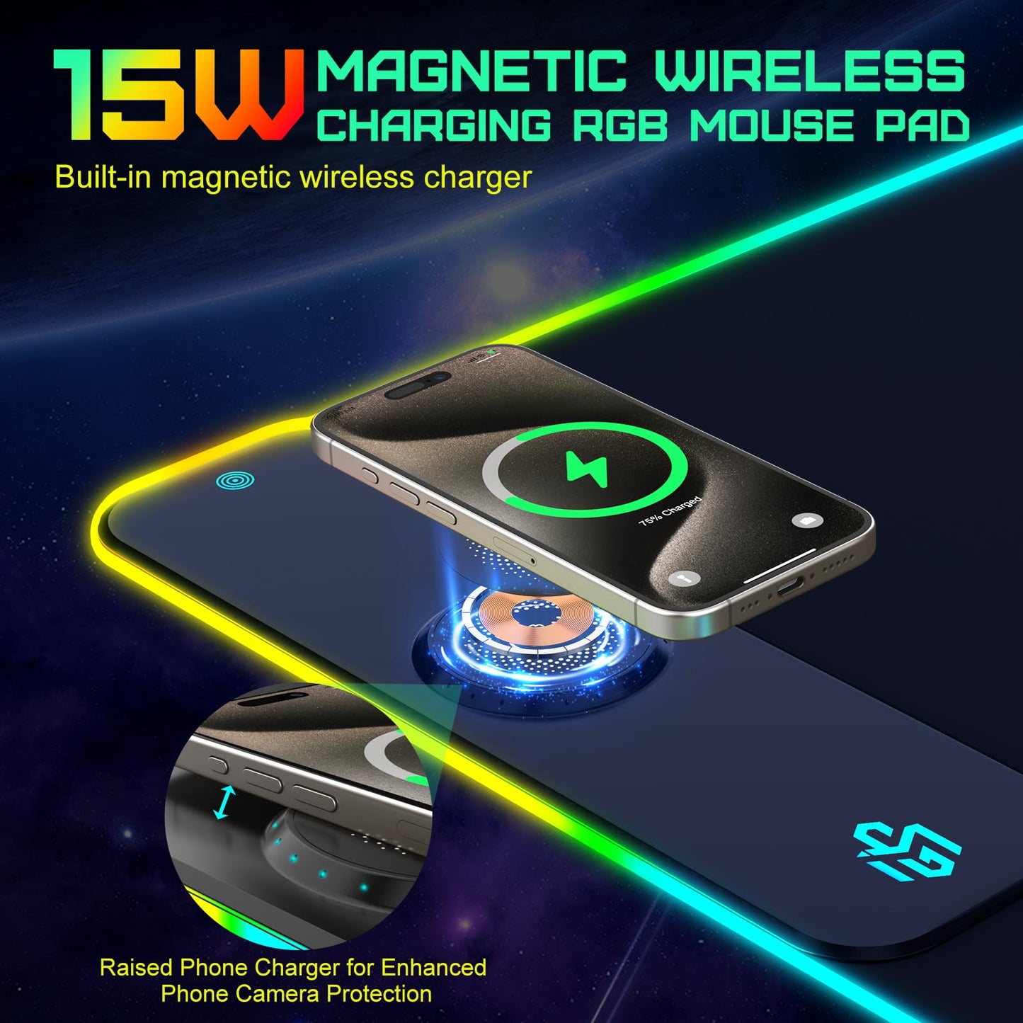RGB Gaming Mauspad 15W Qi Mousepad LED, 10 Beleuchtungsmodi mit 15W Schnellladung Qi Kabelloses Laden für I-Phone Handy, Kopfhörer, Wasserdicht, rutschfest für Gaming, Schreibtische, PC und Büro