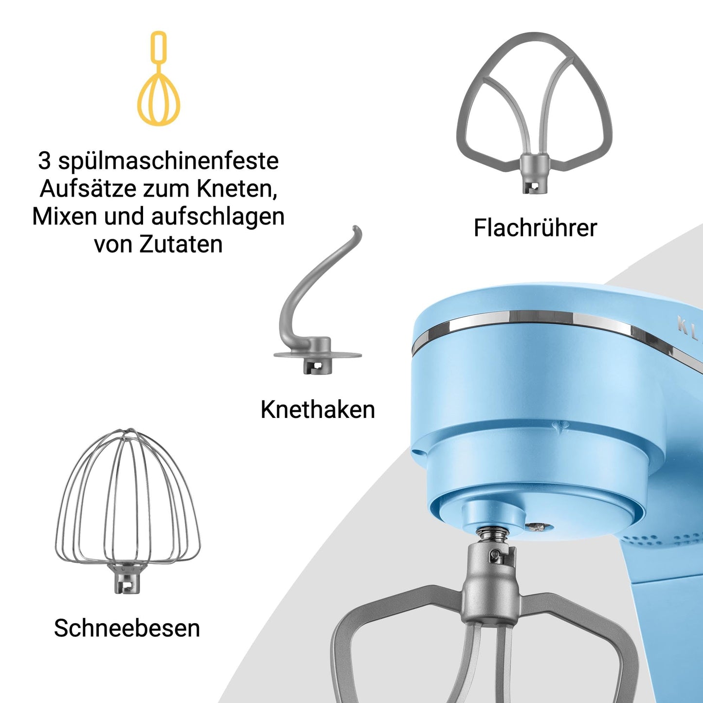 KLAMER Küchenmaschine 1800W, Knetmaschine Brotteig mit Edelstahl-Rührschüssel 6 L, 10 Stufen mit Timer, Planetenrührwerk, Rührbesen, Knethaken, Schneebesen & Sichtdeckel (schwarz)