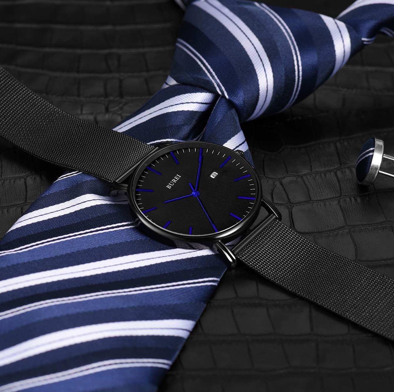 BUREI Ultra Dünne Uhren Herren Schwarze Analoges Datum Armbanduhr Herren mit Japanisches Quarzwerk, Geschenke für Männer