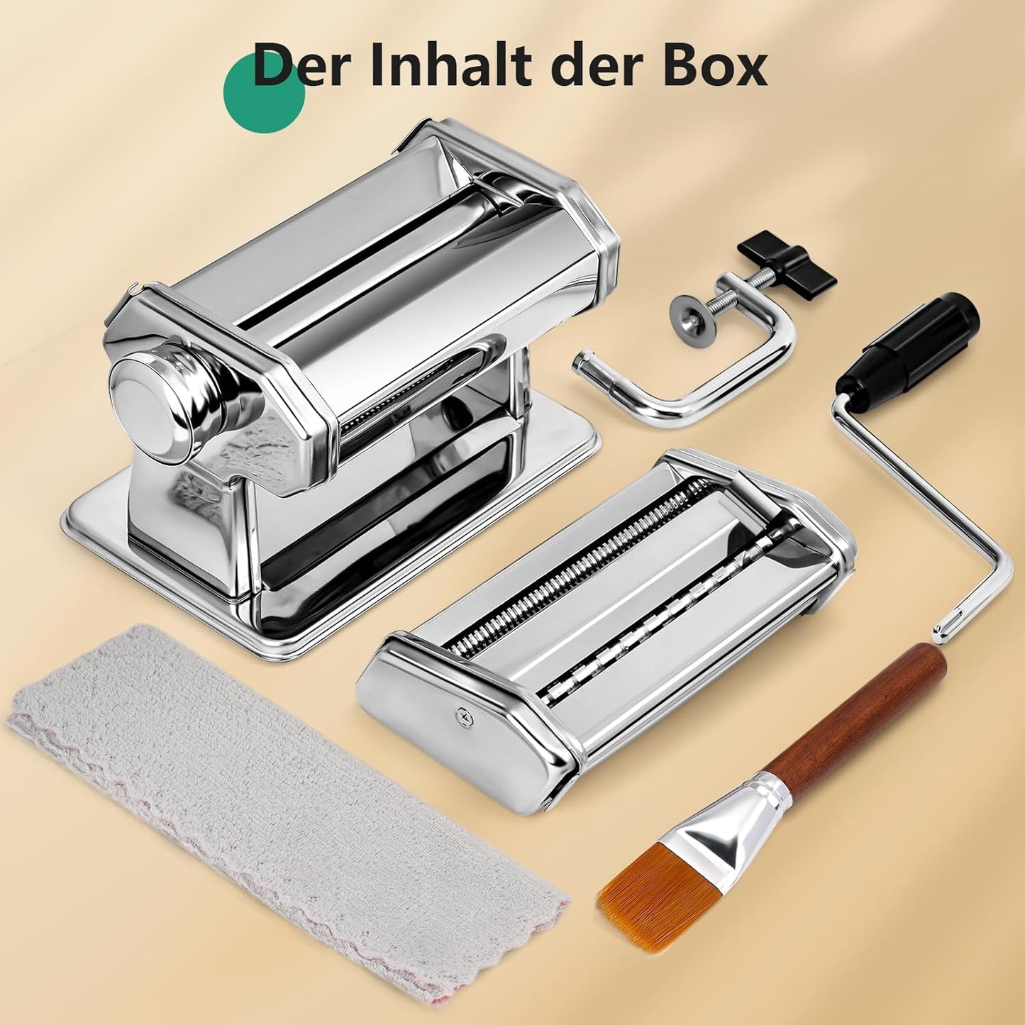 Manual pasta machine, stainless steel pasta maker with two widths, roller and cutter made of stainless steel with 7 adjustable thicknesses for pasta, spaghetti, fettuccine, lasagna