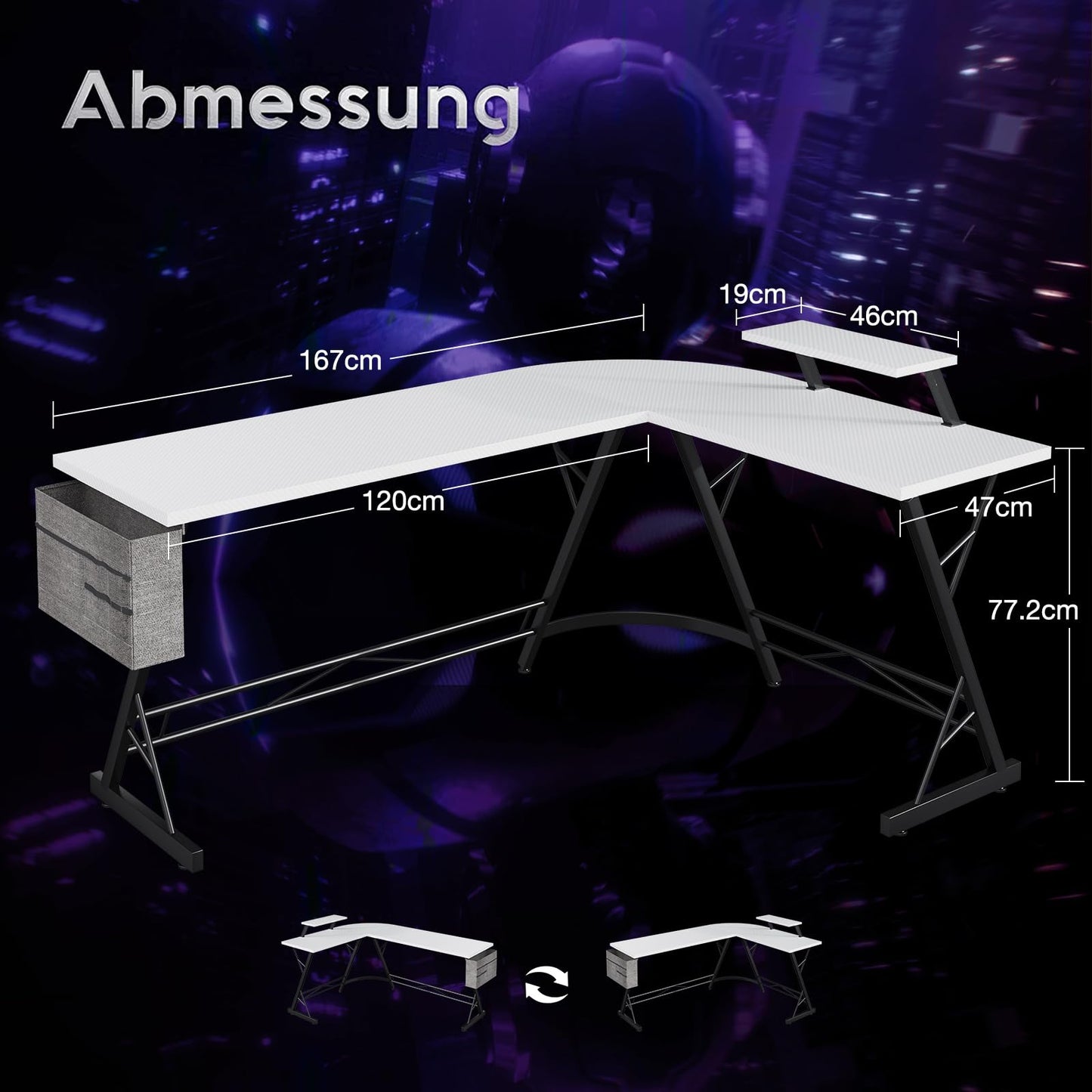 ODK Gaming Tisch, Gaming Schreibtisch Eckschreibtisch für Gamer, Schreibtisch L Form mit Monitorständer für Büro (Schwarz, 127 x 127 cm)