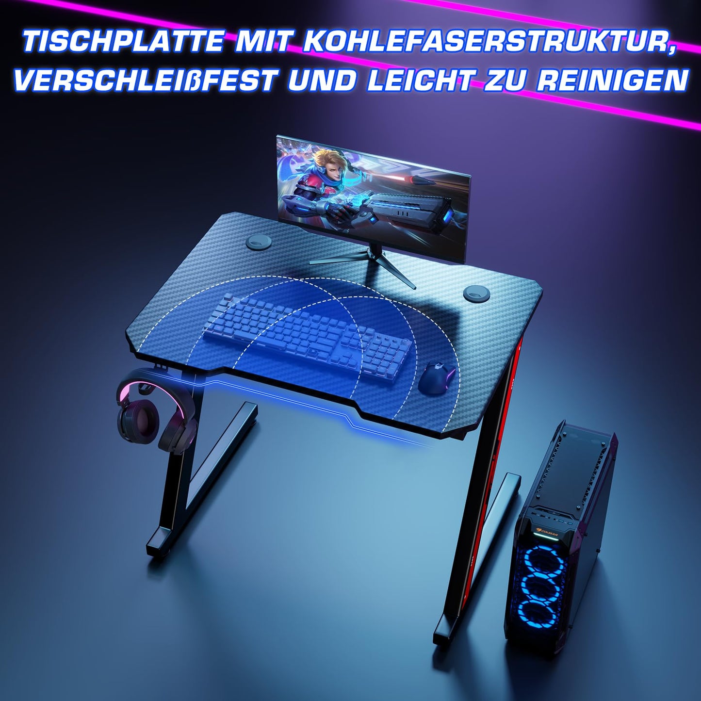 Homall Gaming Table, 80 x 52 cm, Z-Frame Gamer Desk with Headphone Hooks & Drink Holder, Carbon Coating, Ergonomic PC Computer Desk, Sturdy Table