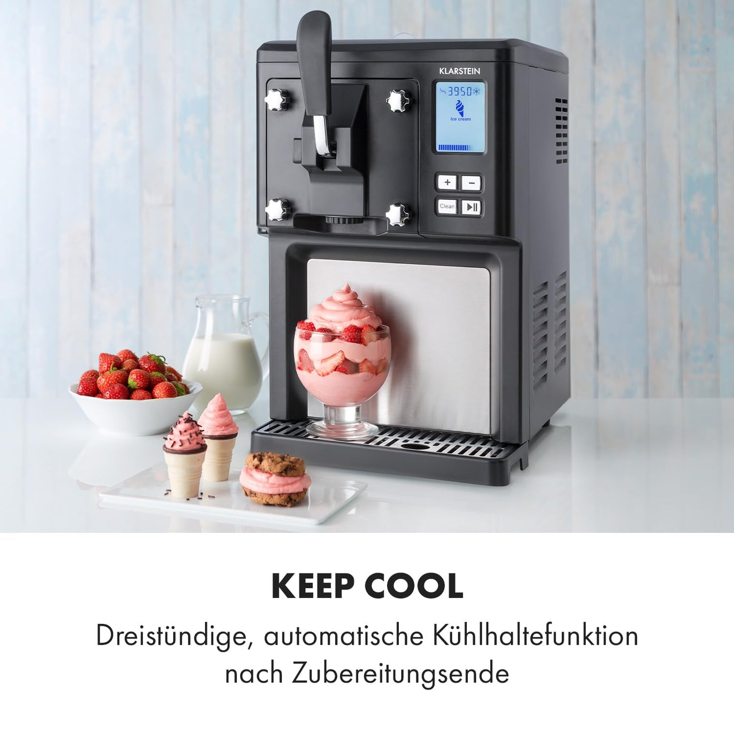 Klarstein Sweet Sundae - Eiscrememaschine, 1,5 Liter, mitselbstkühlendem Kompressor, 200 Watt, Ausgabesystem, 3 StundenAuto-Kühlhaltefunktion, Reinigungsautomatik, Edelstahl, schwarz