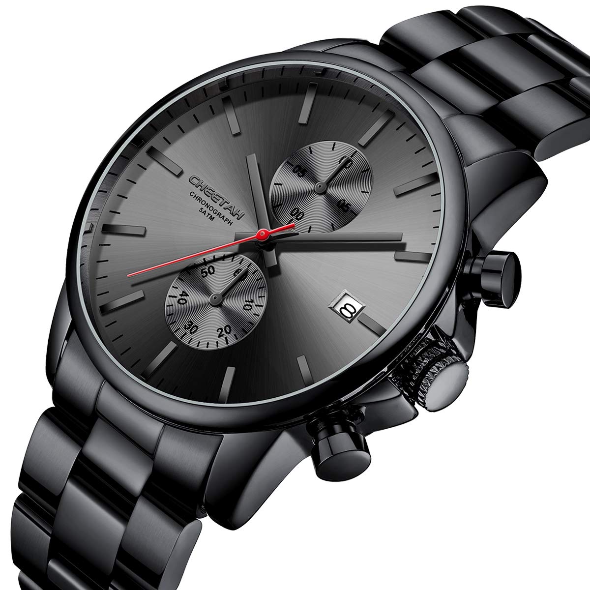 Herrenuhren mit lässiger wasserdichter Chronographen Quarzuhr aus Edelstahl und Metall, Auto Date in farbenfrohen Zeigern