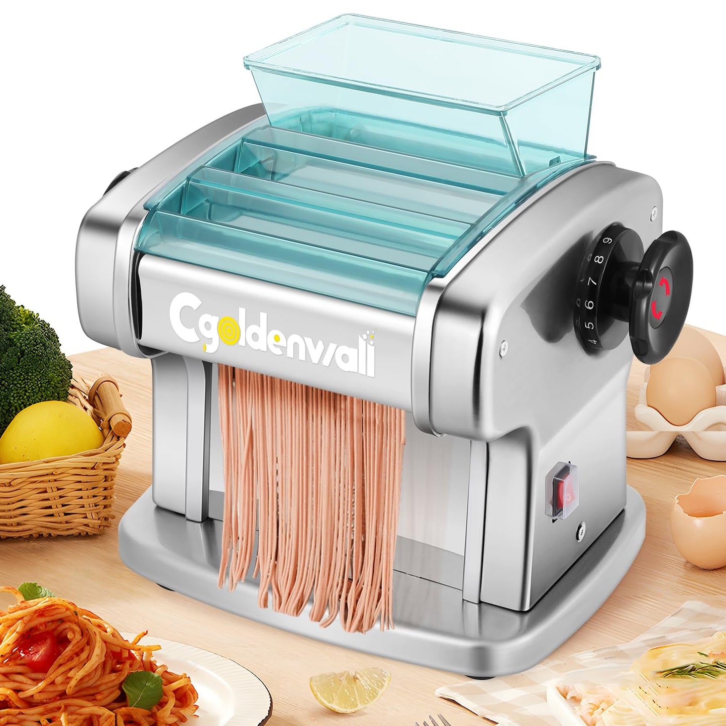 CGOLDENWALL Electric Pasta Machine Household Fresh Pasta Dough Machine Made of Stainless Steel with 2.5 mm Round and 4 mm Flat Blades, 9 Thickness Settings for Pasta/Spaghetti/Lasagna/Ravioli