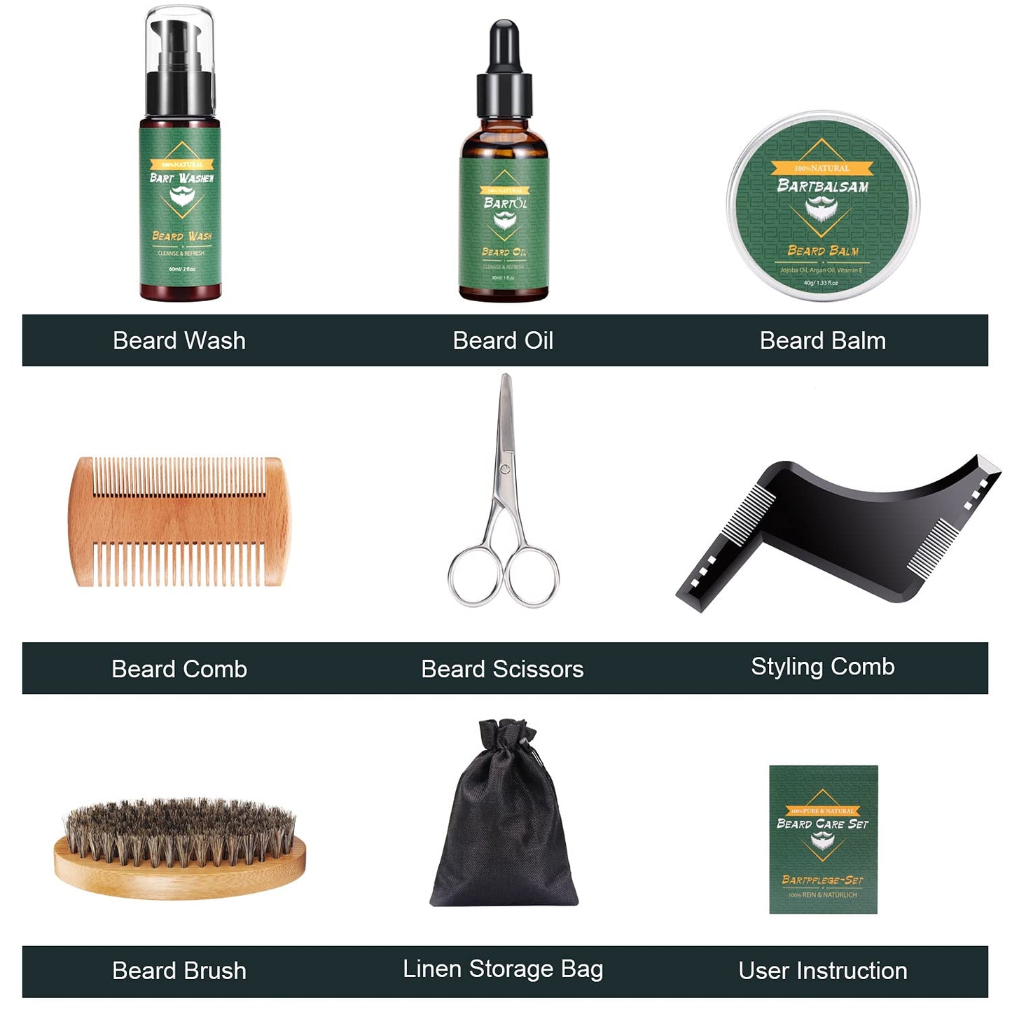 CUSMAY Bartpflege Set für Männer 9 Teilig,Geschenke Bart Set Herren mit Natürlich Bartshampoo,Bartöl,Bartbalsam,Bartkamm,Bartbürste,Bartschere, Männer Geschenkset für Vatertag Valentinstag Weih