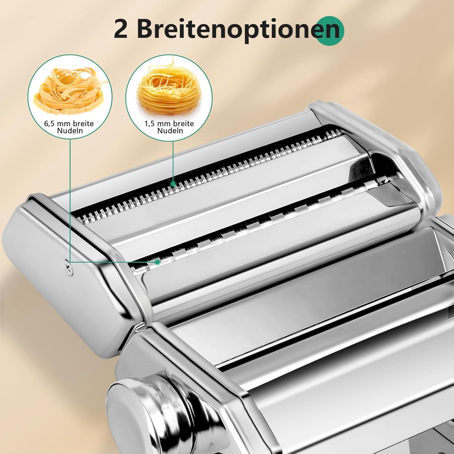 Manual pasta machine, stainless steel pasta maker with two widths, roller and cutter made of stainless steel with 7 adjustable thicknesses for pasta, spaghetti, fettuccine, lasagna