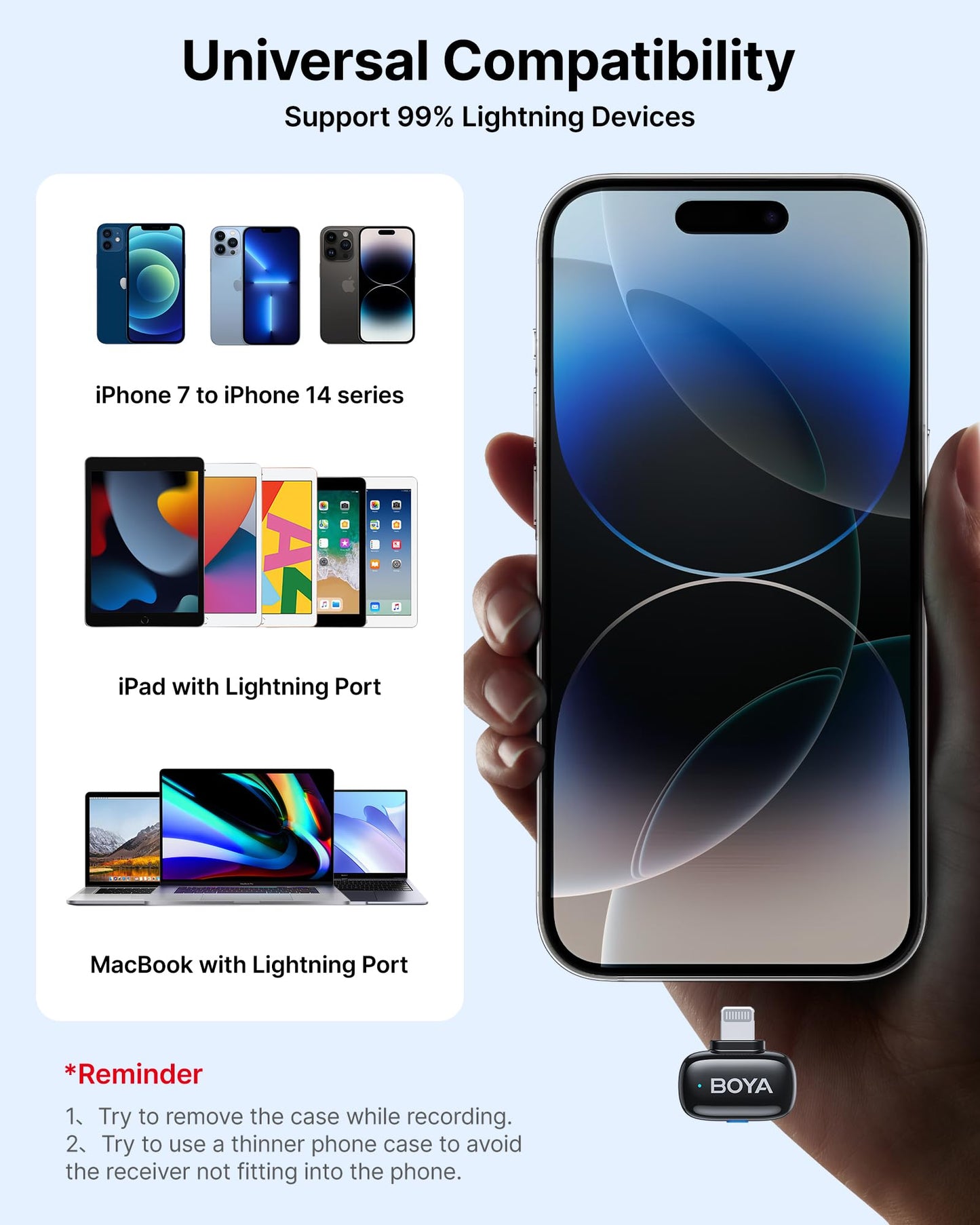 Boya Mini Wireless Lavalier-Mikrofon für Lightning/Type-C, Ultra-Mini-Mikrofon mit AI Voice Change, Rauschunterdrückung und Ladekoffer, Metall-Clip auf Mikrofon Vlogging TikTok YouTube